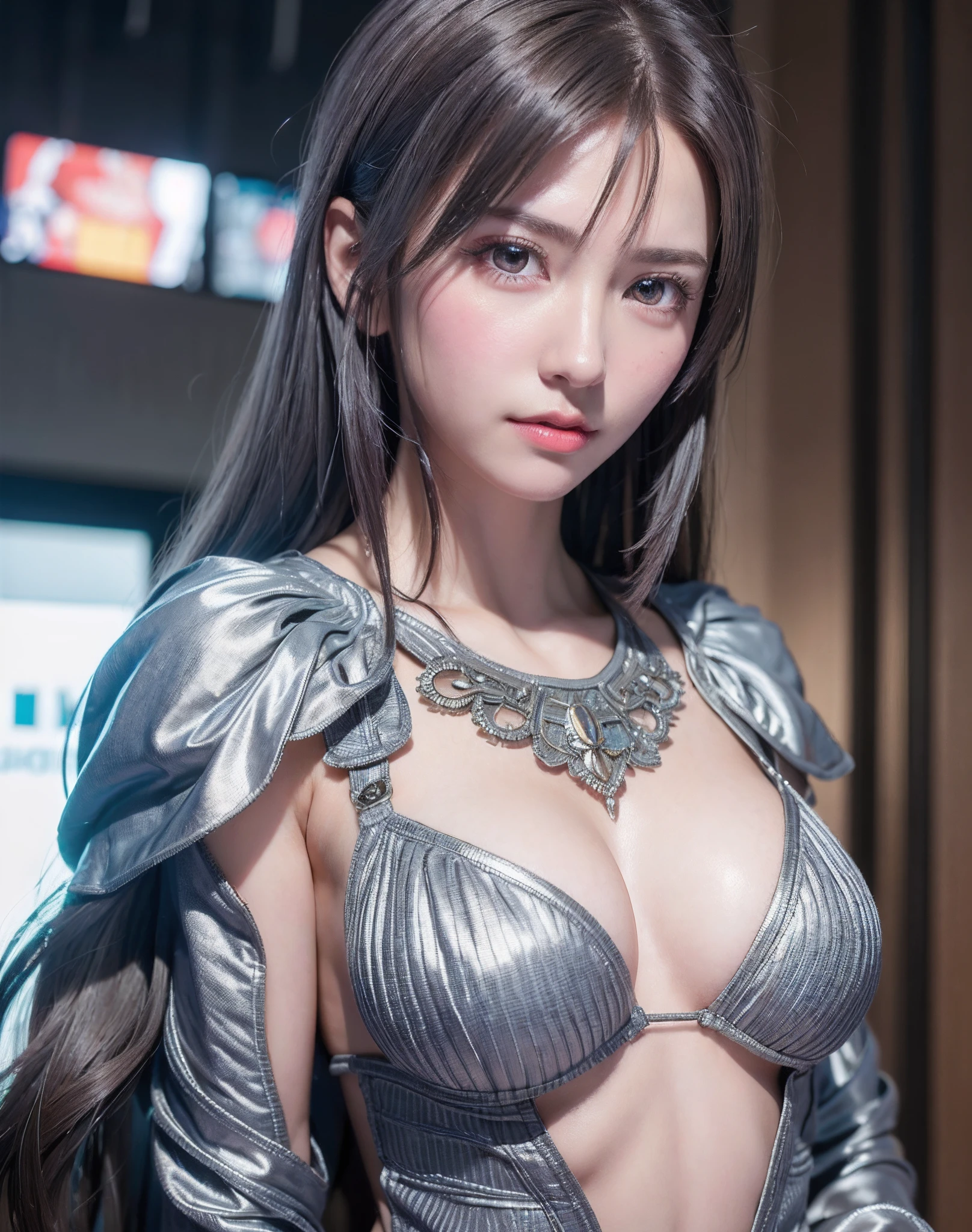 top-quality、8K Masterpiece、超A high resolution、(Photorealsitic:1.3)、Raw photo、女の子1人、silver white hair、glowy skin、1 Cyberpunk Super Beautiful Soldier、((super realistic details))、portlate、globalillumination、Shadow、octan render、8K、ultrasharp、beauty breast、Raw skin is exposed in cleavage、metals、cold color、、highly intricate detail、Realistic light、CGSoation Trends、Beautiful eyes、radiant eyes、Facing the camera、neon details、