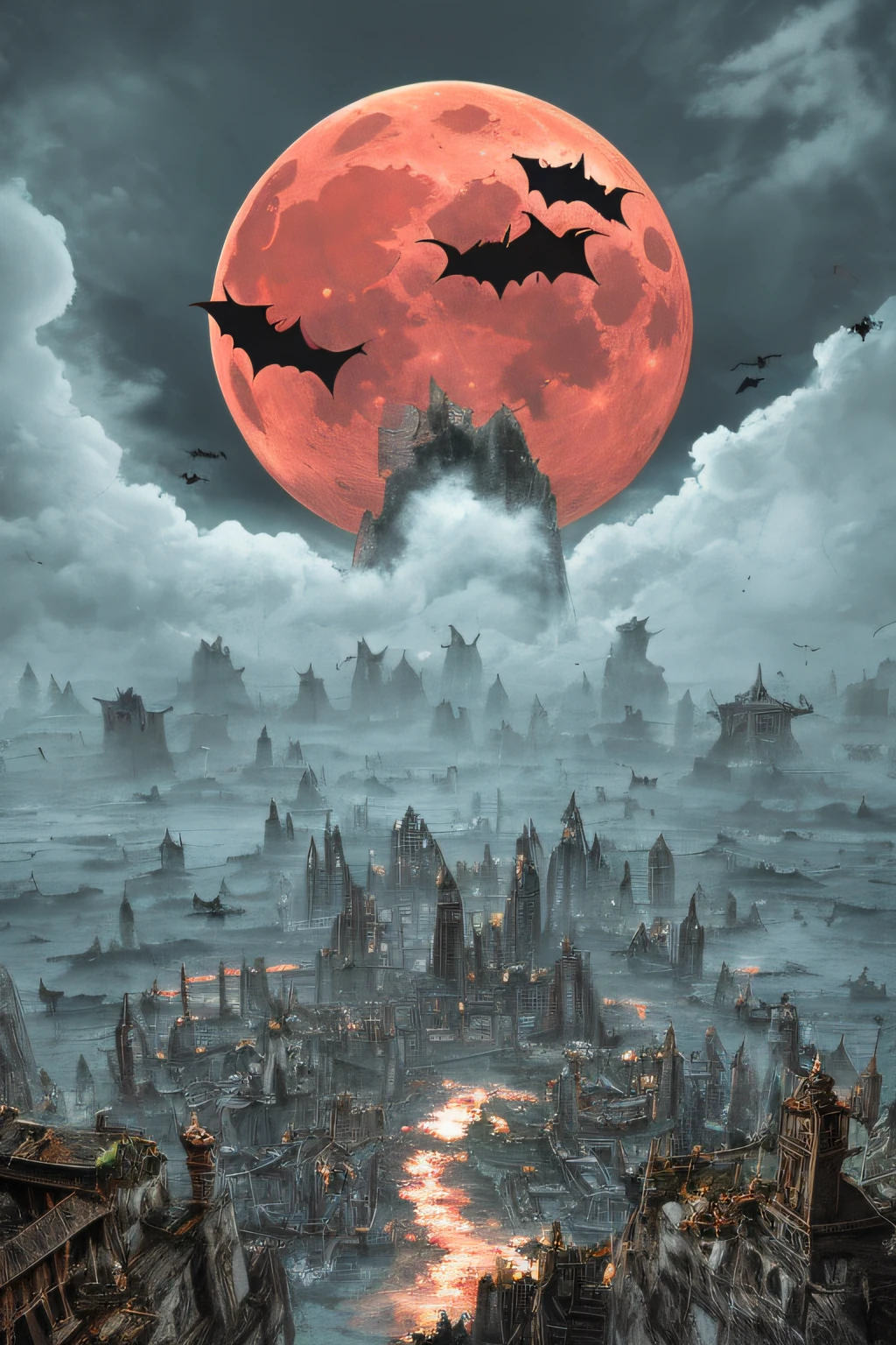 Extreme quality, 真实感 ,realism,organism, , Big Red Moon,((Lots of bats)),1 big bat,natta,ruins,Submerged cities,8k,Realistic lightning,(((masterpiece)))