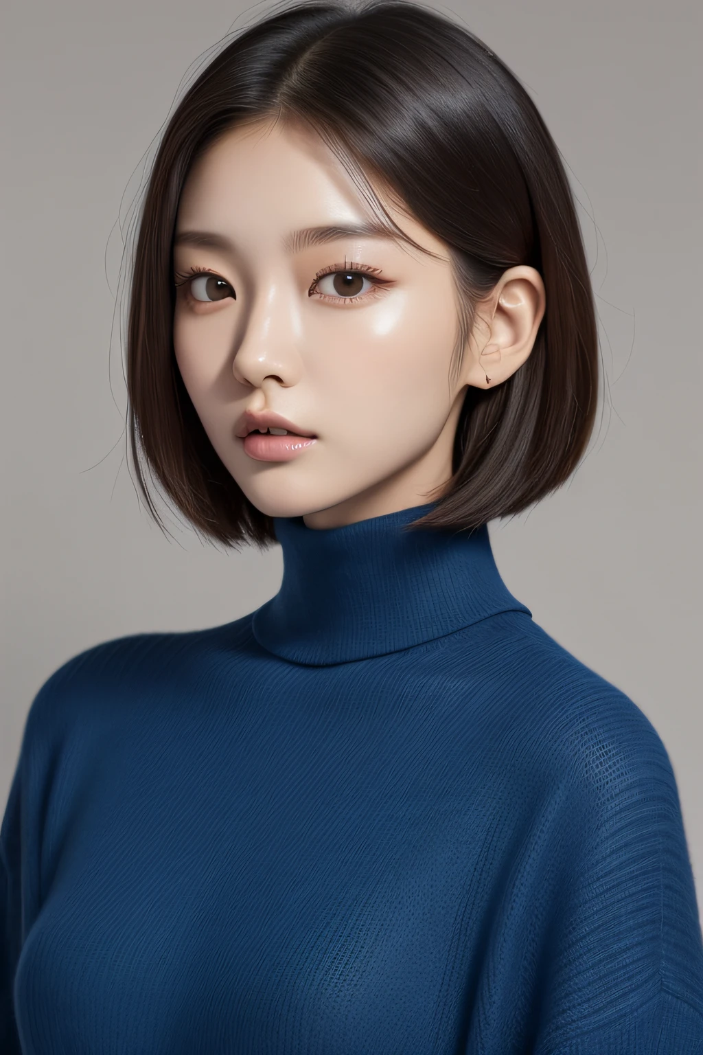 Image of Arafeld of a woman in a blue turtleneck, Gorgeous young Korean woman, Beautiful young Korean woman, young cute wan asian face, beautiful Korean women, young lovely Korean faces, Korean girl, wan adorable korean face, gorgeous chinese models, korean women's fashion model, jaeyeon nam, Choi Hyun-hwa, Korean woman, with short hair