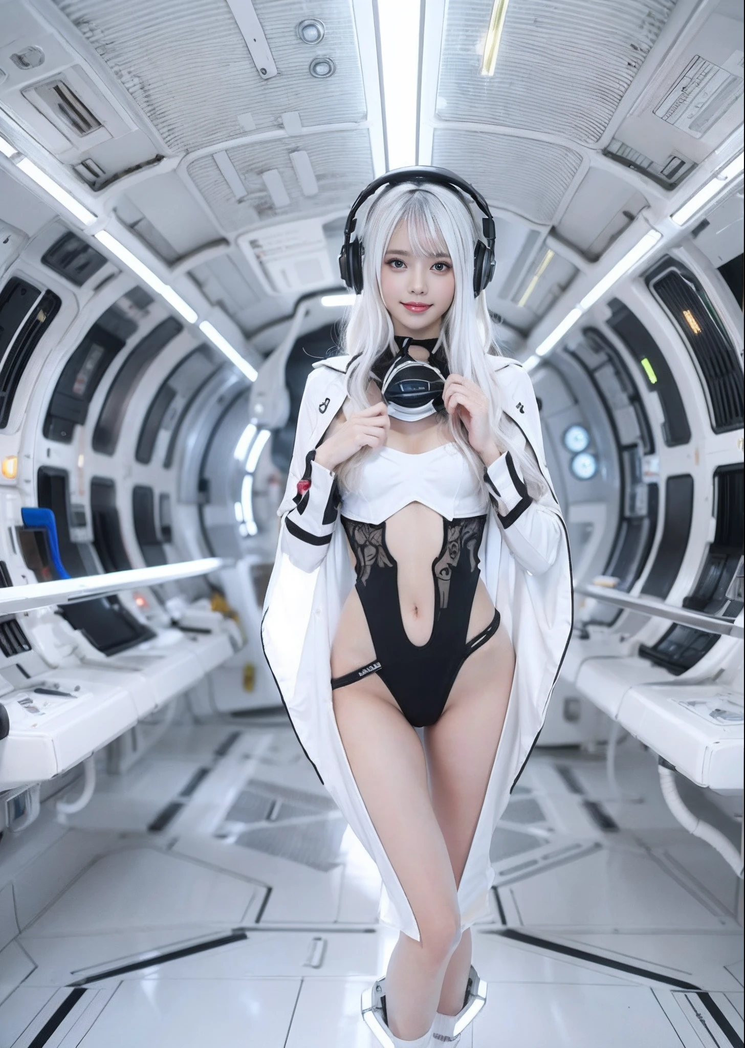 NSFW,(cammel toe),cute little,Beautiful Women in Perfect Figure,Beautiful white skin,beautidful eyes,Glossy lips,Lovely smile,White hair,Wearing bikini futuristic lolita costume with white and black design,Headphones with functionality,Inside the spaceship