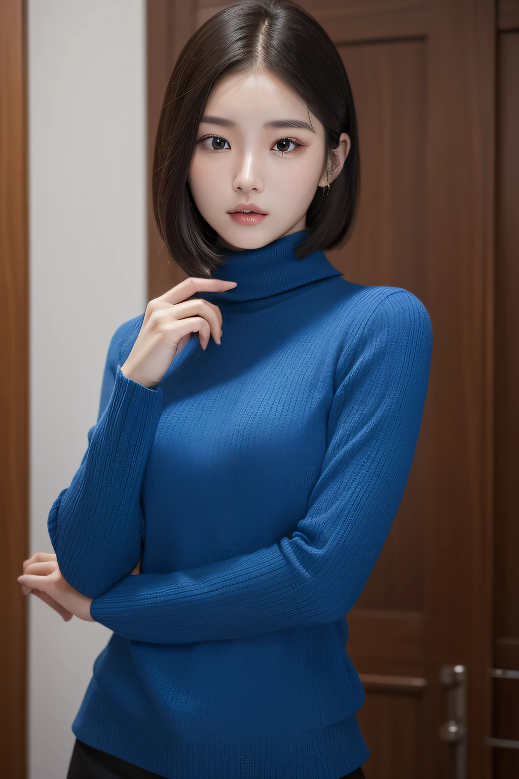 Best-quality, Masterpiece, Ultra-High-Resolution, (Photorealistic:1.4), Raw-Photo, Best-quality, Masterpiece, Ultra-High-Resolution, (Photorealistic:1.4), Raw-Photo, 1girl, the most popular Japanese idol, have a lot of fu at bakery, (wearing light-blue Tight-sweater with turtleneck), (wearing red long-skirt with slit), Super cute-smile like the most famous Japanese idol, Perfect proportion, extremely cute face like the most famous Japanese idol, ((extremely beautiful big-black-eyes)), extremely beautiful black-short-cut-haired, detailed bakery, detailed light-blue-sweater, detailed light-blue-tight-sweater-with-turtleneck, detailed red-long-skirt,detailed red-long-skirt-with-slit