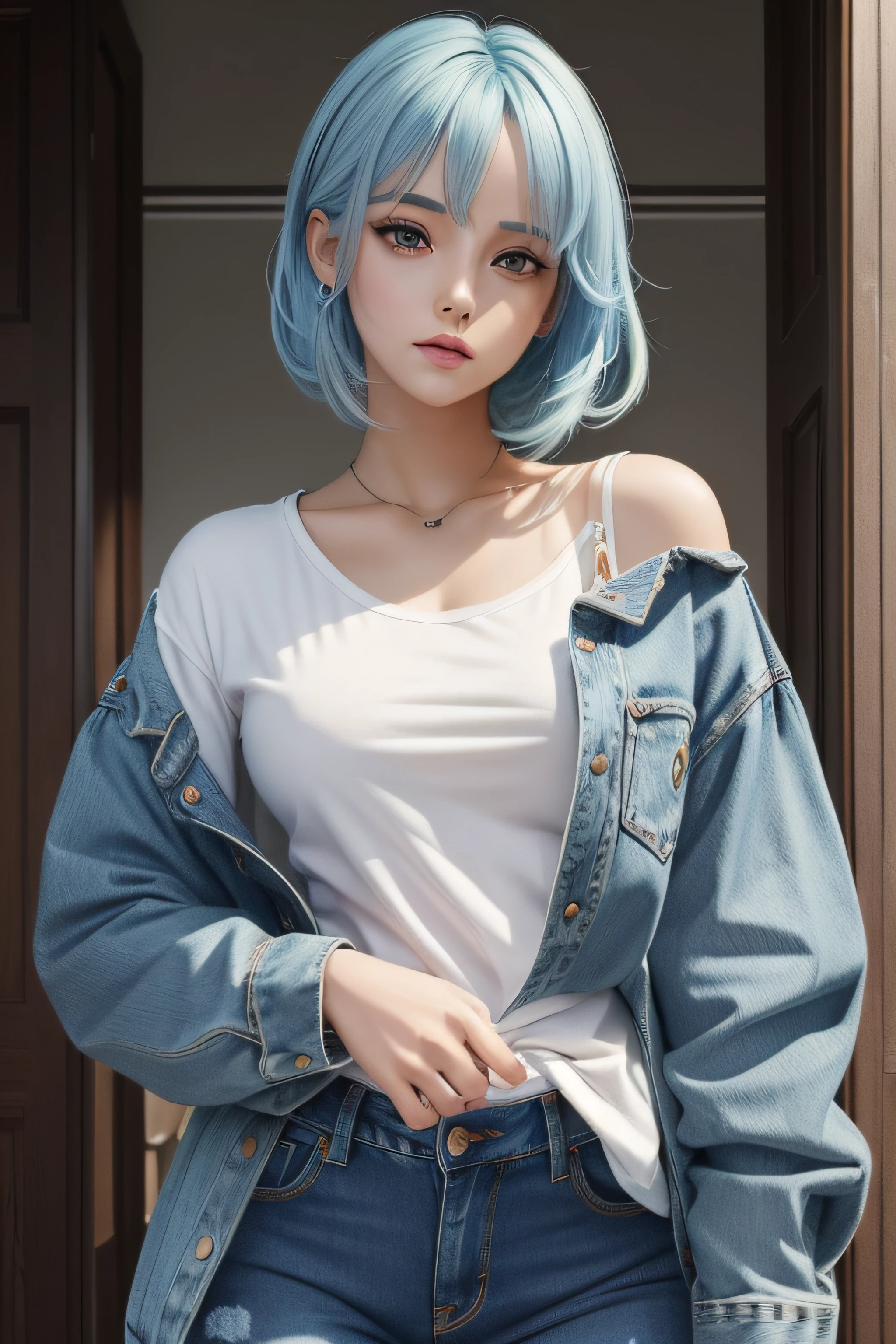 (masterpiece, top quality, best quality, official art, beautiful and aesthetic:1.2), (1girl), extreme detailed,colorful,highest detailed,cute, light blue hair, jeans, top