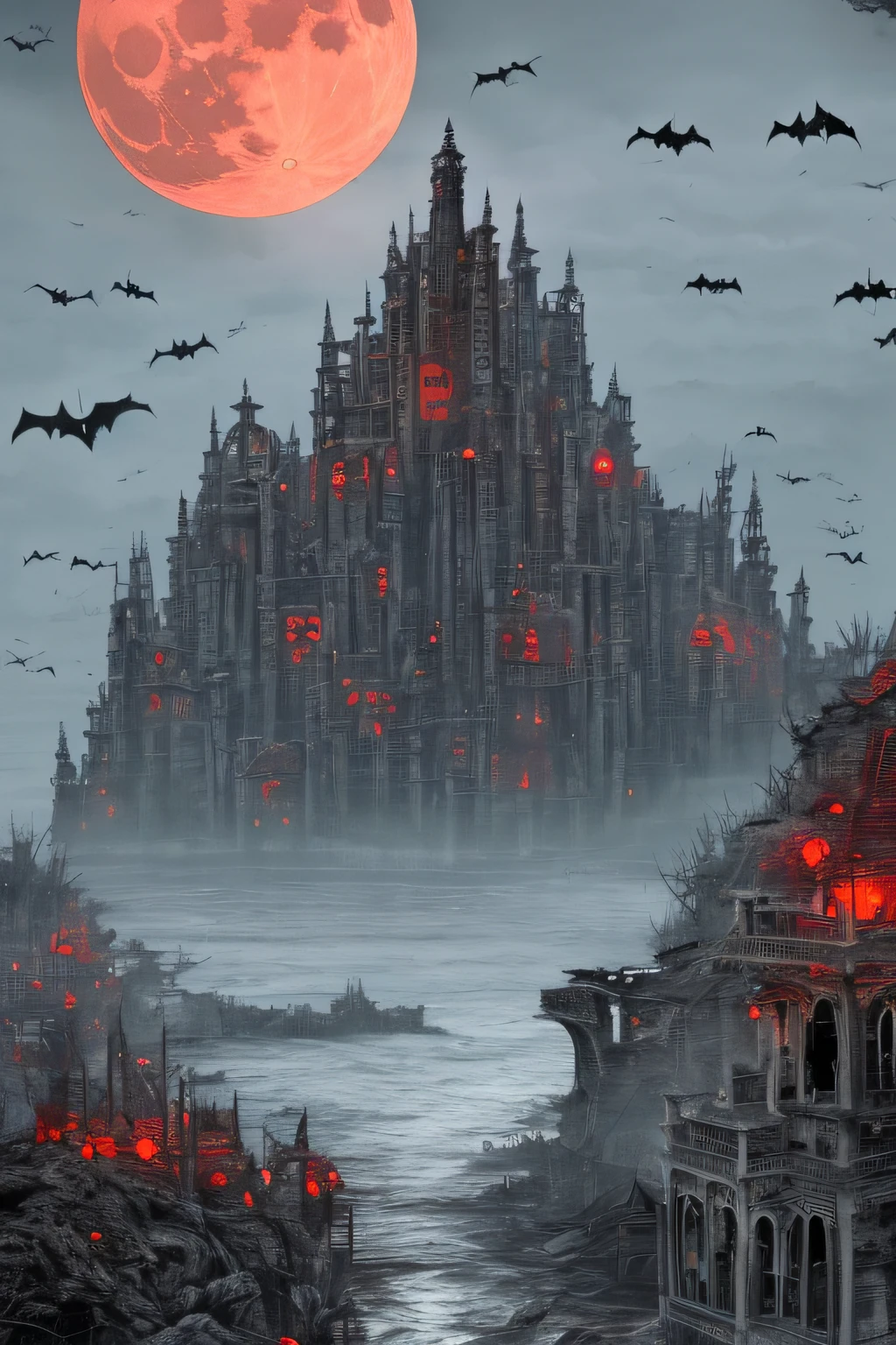Extreme quality, 真实感 ,realism,organism, , Big Red Moon,((Lots of bats)),1 big bat,natta,ruins,Submerged cities,8k,Realistic lightning,(((masterpiece)))