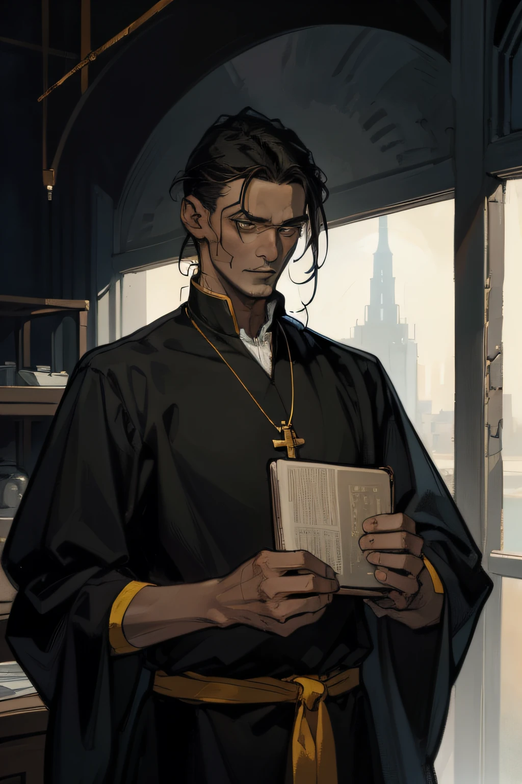 a'gail Welksen, a male priest of the church of Bhaal. weighing bout 70 kg and is 5'8. Currently in his early 40s. He has dark black hair with periodic stands of grey. Dark eyes with yellow pupils. Darkish pale skin tone. wears dark priest like attire and carries his holy book around with him at all times. A somber poker face that always has a tired smile. his hair wavy and very clean but at the same time a little messy. if one observes him closely they can see multiple scratches streching from his back poking out from the collar, his right hand always close to his heart and his left hand at moments reach from his knife
during a fight, almost nobody would ever witness a change in his demeanor. but those who do will see something. ever so small but just a hint.. of joy