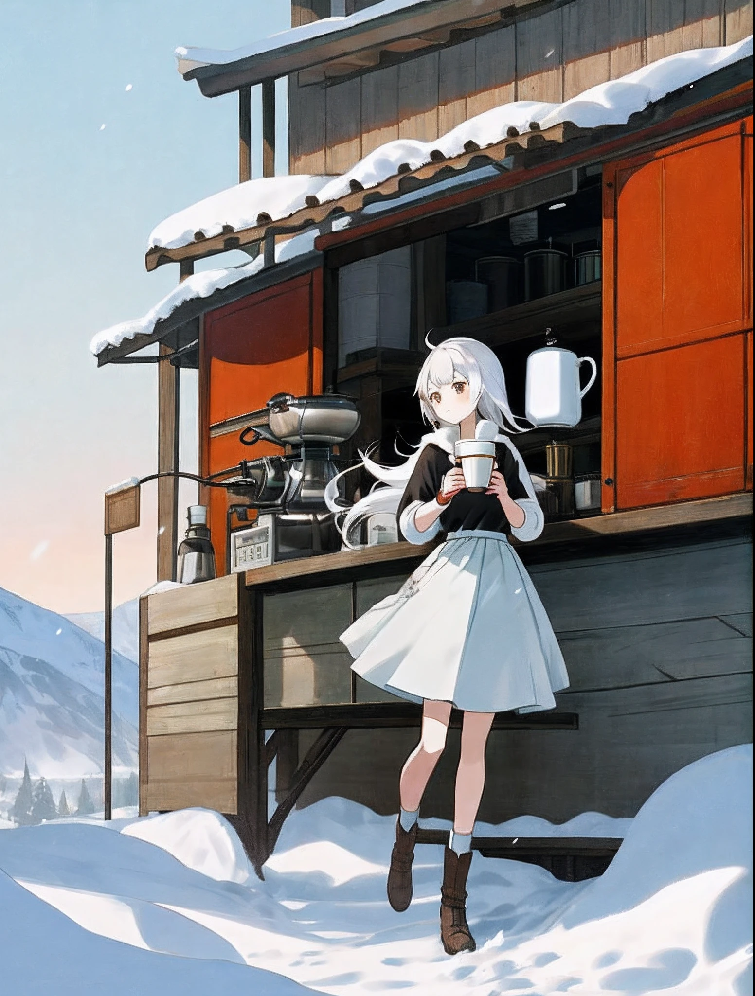 BestWorks,snowfield,teens girl,Off-white hair,Manteau blanc,Coffee in hand,Hot gas,Looking,outside,A half body
