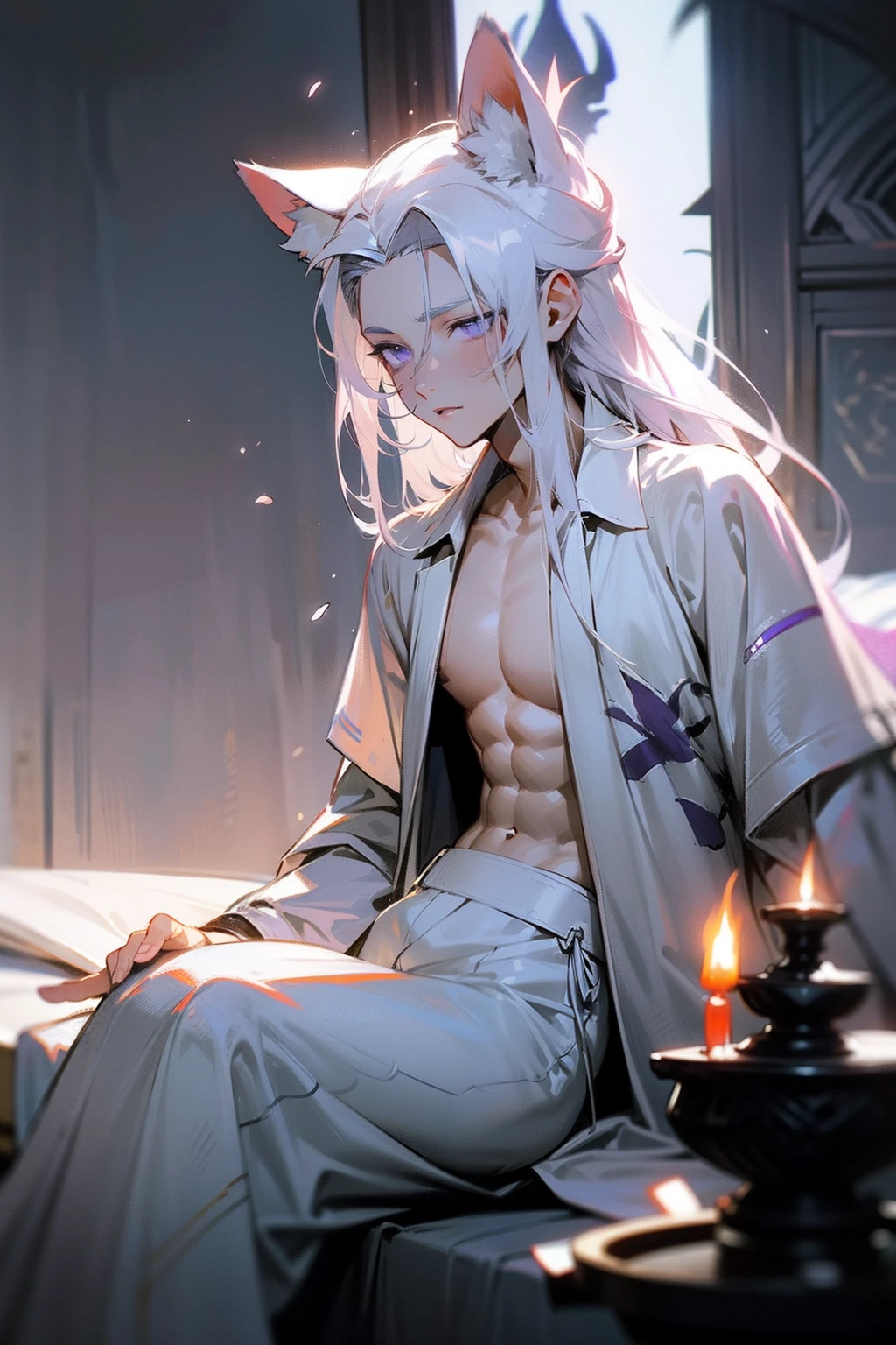 Athletic males，with fair skin，The expression is gentle，Blue-purple eyes，Flowing white hair, Smooth hair，Glowing hair，There are wolf ears, Shirtless, Playful, Solo, Alone, Has bright blue-purple eyes, ,Relax in bed, Open your shirt