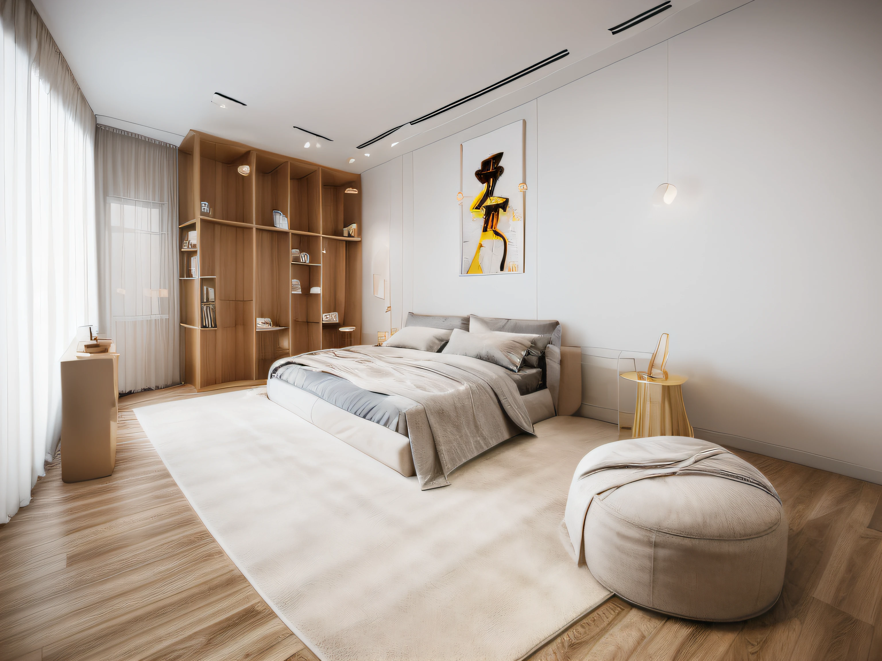 RAW photo, Masterpiece, high quality, best quality, realistic, super detailed,(( pastel furniture )), minimalist architecture, minimalist bedroom, couch, table, carpet , tv stand, sofa, window, curtains, sunset)), archdaily architecture, 1.4 (high detail: 1.2), 8k uhd, dslr, soft light, high quality, film grain, Fujifilm XT3, white celling