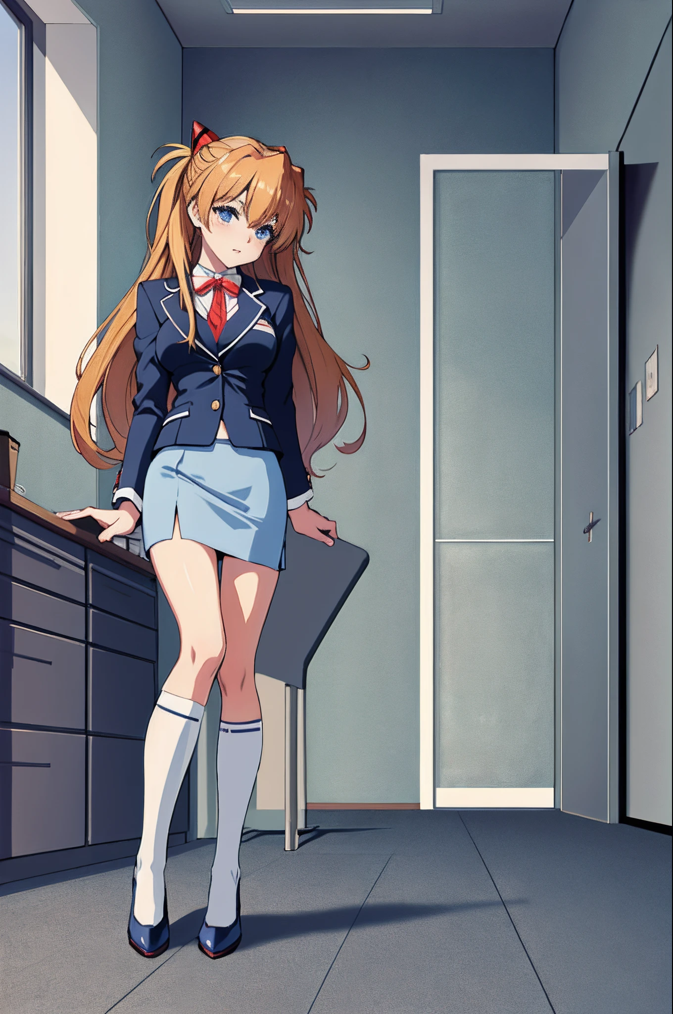 (masterpiece, best quality, detailed), 1girl, solo, indoors, office, cowboy shot,souryuu asuka langley, skirt suit, blazer, pencil skirt, white thighhigh socks, high heels, full body