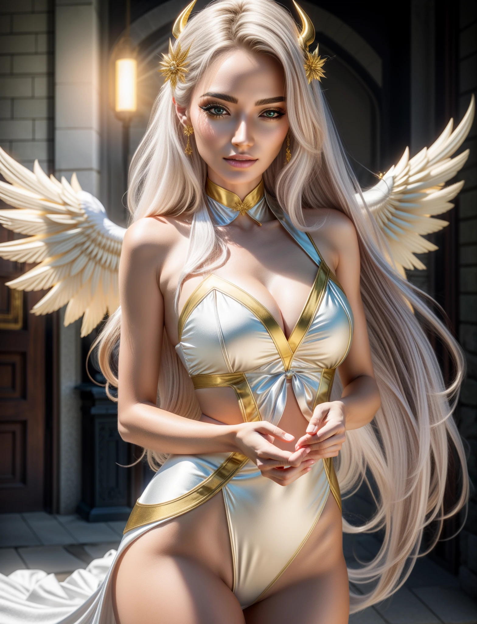 magical beings,Has an incredibly cute look,Long flowing black hair
in order to《Good demon angel stripper》The core style is Hell's Spirits, White and gold bikini, Background brightness,Fall core,Ultra-realistic and ultra-detailed, Stunning composition,Excessive emotionality, Epic cinematic lighting, 32K Ultra HD resolution, Made by DAZ3D,Shcherma Dam