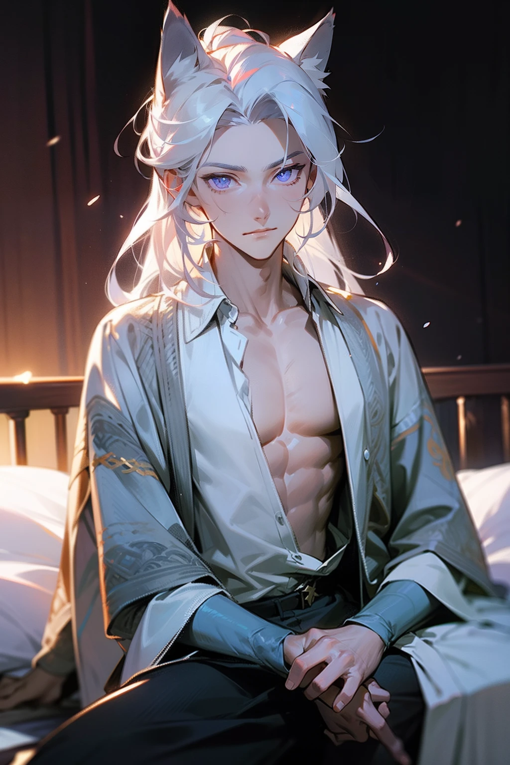Athletic males,with fair skin,The expression is gentle,Blue-purple eyes,Flowing white hair, Smooth hair,Glowing hair,There are wolf ears, Shirtless, Playful, Solo, Alone, Has bright blue-purple eyes, ,Relax in bed, Open your shirt