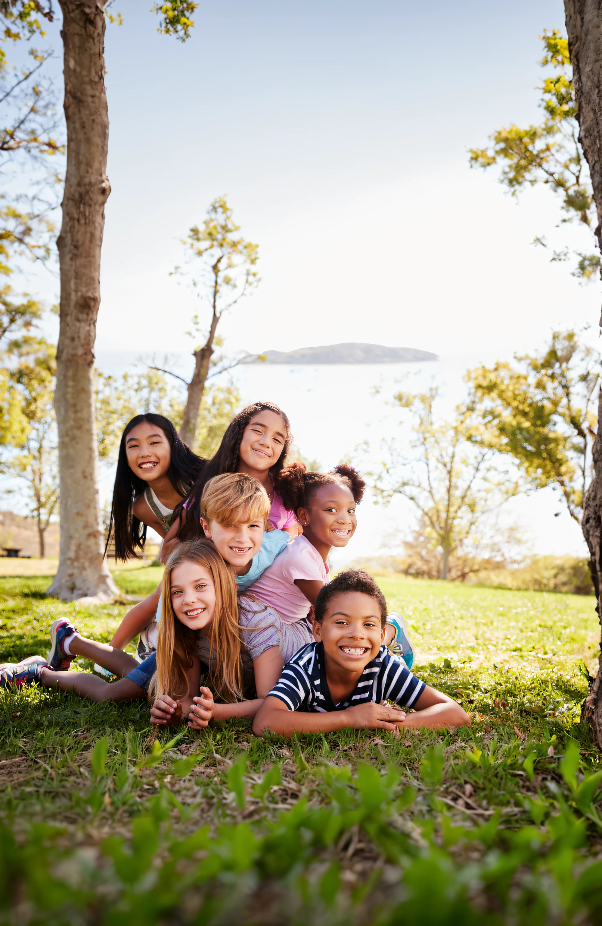 There are many children lying on the grass together in the park, childrens, diversas idades, etnias variadas, Diferente, mix of ethnicities and genders, childrens, kids playing, divertindo-se, Beautiful image, cabrito, Shutterstock, atmosfera calorosa e alegre, gen z, Directed by: Samuel Scott, grupos de humanos felizes, imagem impressionante, foto de retrato, garotada