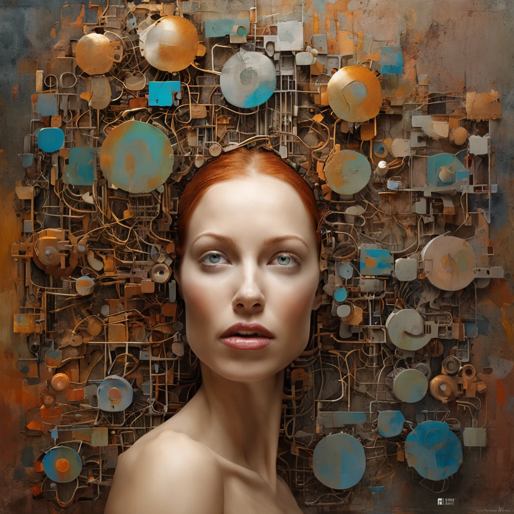 3d puzle , staring beauty woman  , redhead, Ogive explosive, Machine parts embedded in the face, Volatil, inspired by Igor Morski, Dramatic artwork, photomanipulation, Manipulation de photos, Disintegration, headbang until your brain bleeds, explosion of data fragments, tinnitus, official artwork, incredibly high detailed, Photoshop Art, effet de bruit