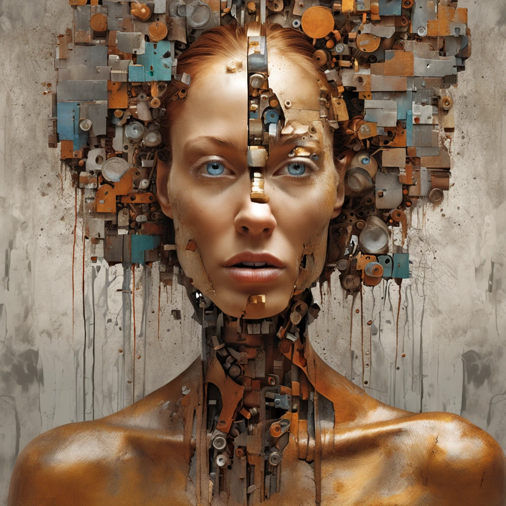 3d puzle , staring beauty woman , redhead, Ogive explosive, Machine parts embedded in the face, Volatil, inspired by Igor Morski, Dramatic artwork, photomanipulation, Manipulation de photos, Disintegration, headbang until your brain bleeds, explosion of data fragments, tinnitus, official artwork, incredibly high detailed, Photoshop Art, effet de bruit