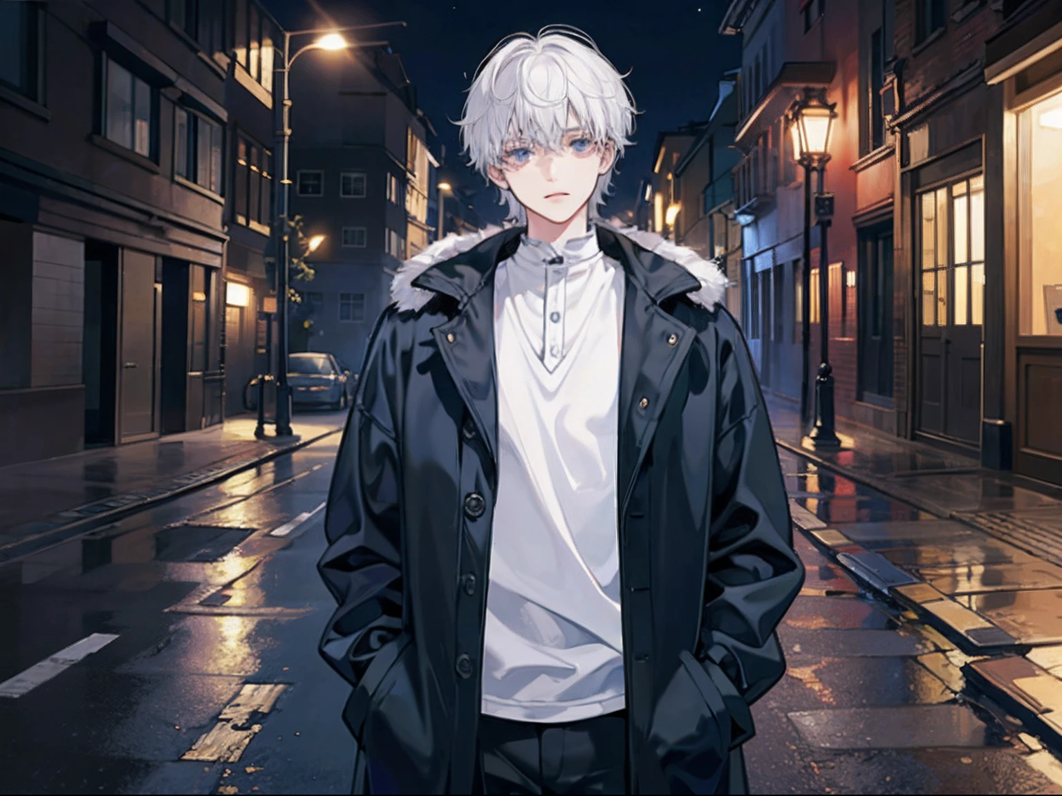 male , At night, short white hair, Natural perm,dressed casually, empty street, a dark night, dim lights,With a thick coat,