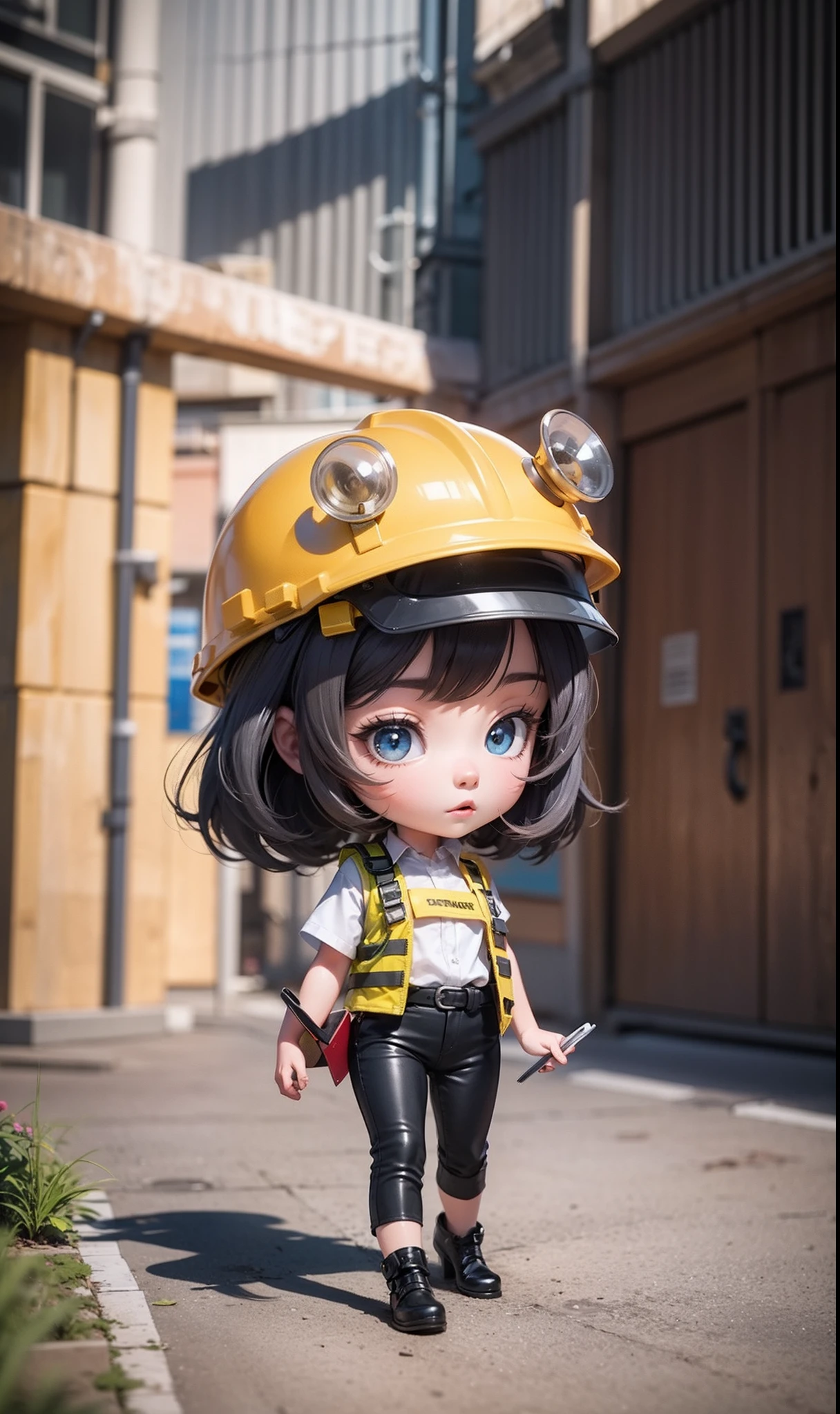 workplace safety background, full body, a girl based on animations from pixar studios, she has a pretty face, big brow eyes, black hair, holding a clipboard, matching high heels, with yellow PPE vest and helmet, black pants, job security working, sexy, high resolution, very detailed 3D, adorable little baby, Disney baby animation --auto --s2