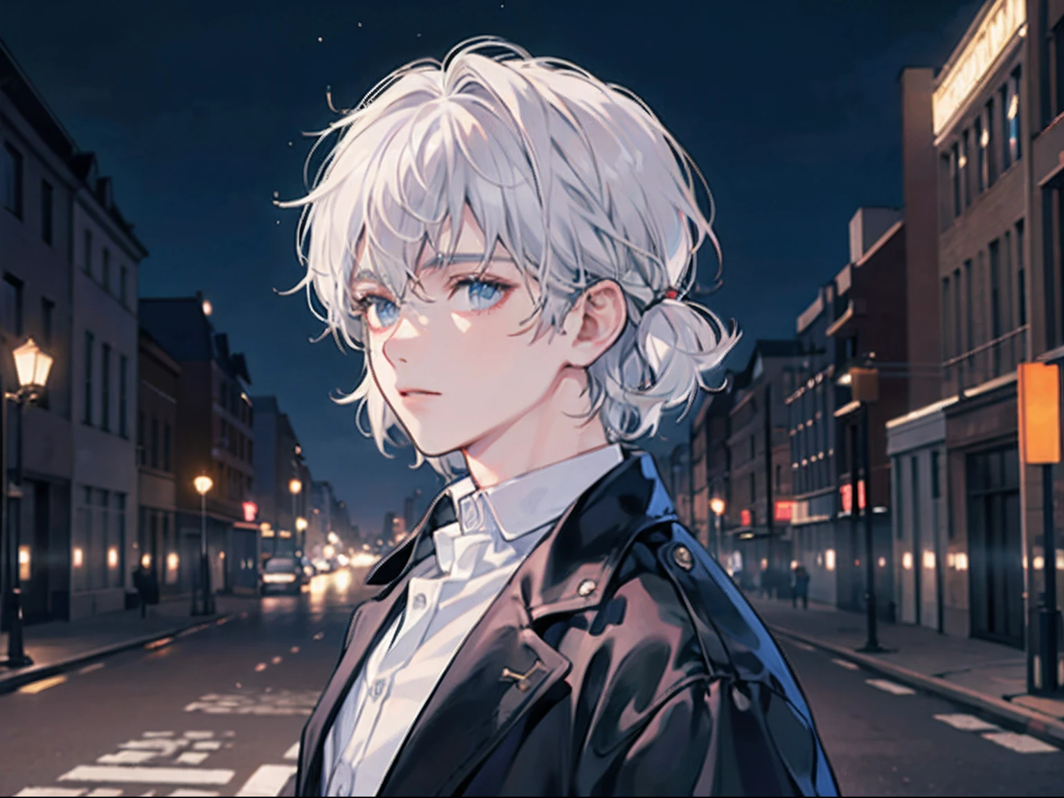 male child, At night, short white hair, Natural perm,dressed casually, empty street, a dark night, dim lights,With a thick coat,