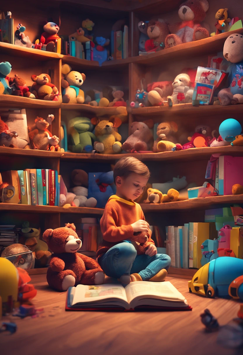 A big picture with bright and fun sky. Has a small child reading a book, Where the child is sitting there are teddy bears and toys. The child occupies 20% da imagem.