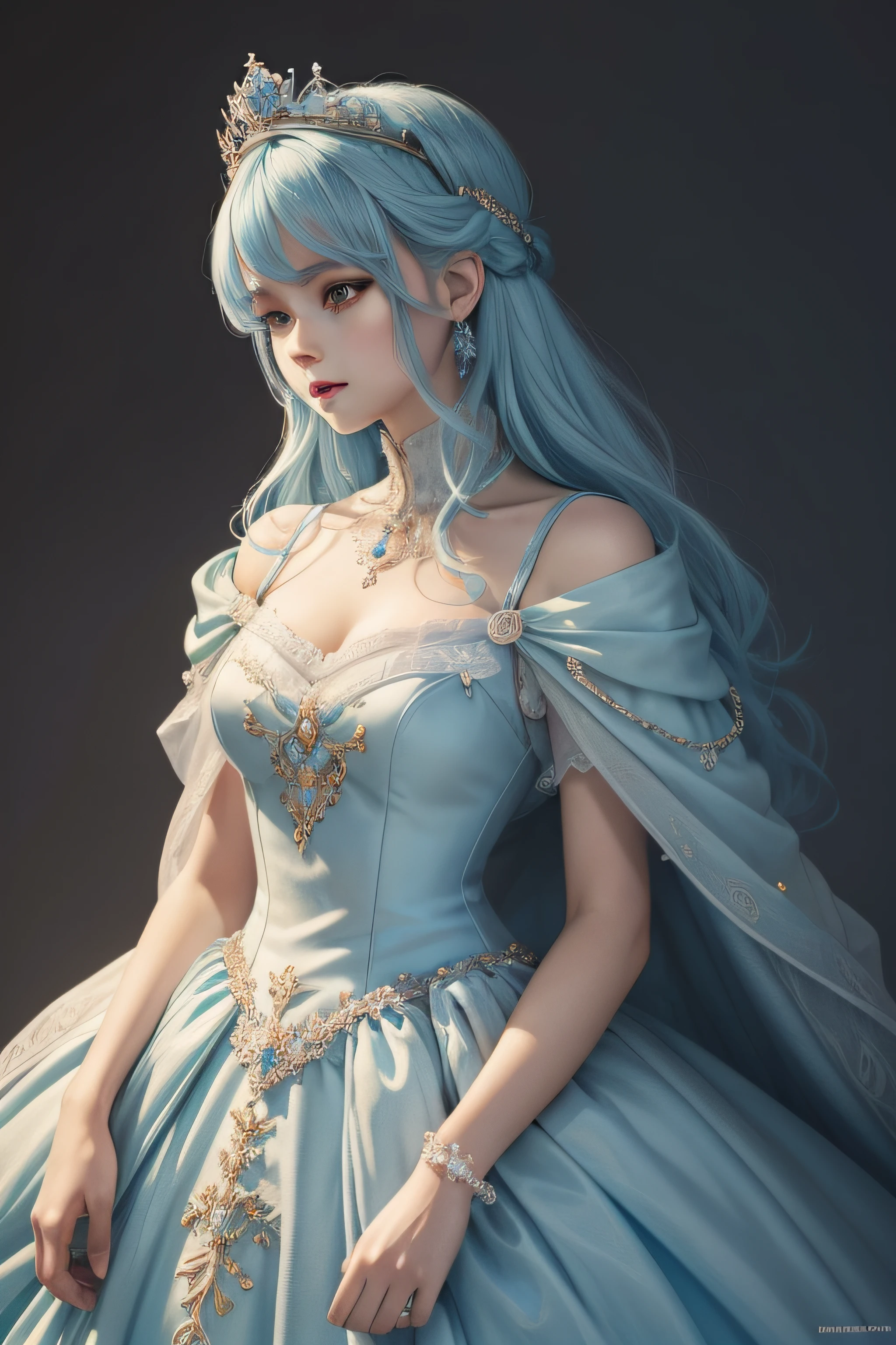 (masterpiece, top quality, best quality, official art, beautiful and aesthetic:1.2), (1girl), extreme detailed,colorful,highest detailed,cute, light blue hair,crown, gown dress