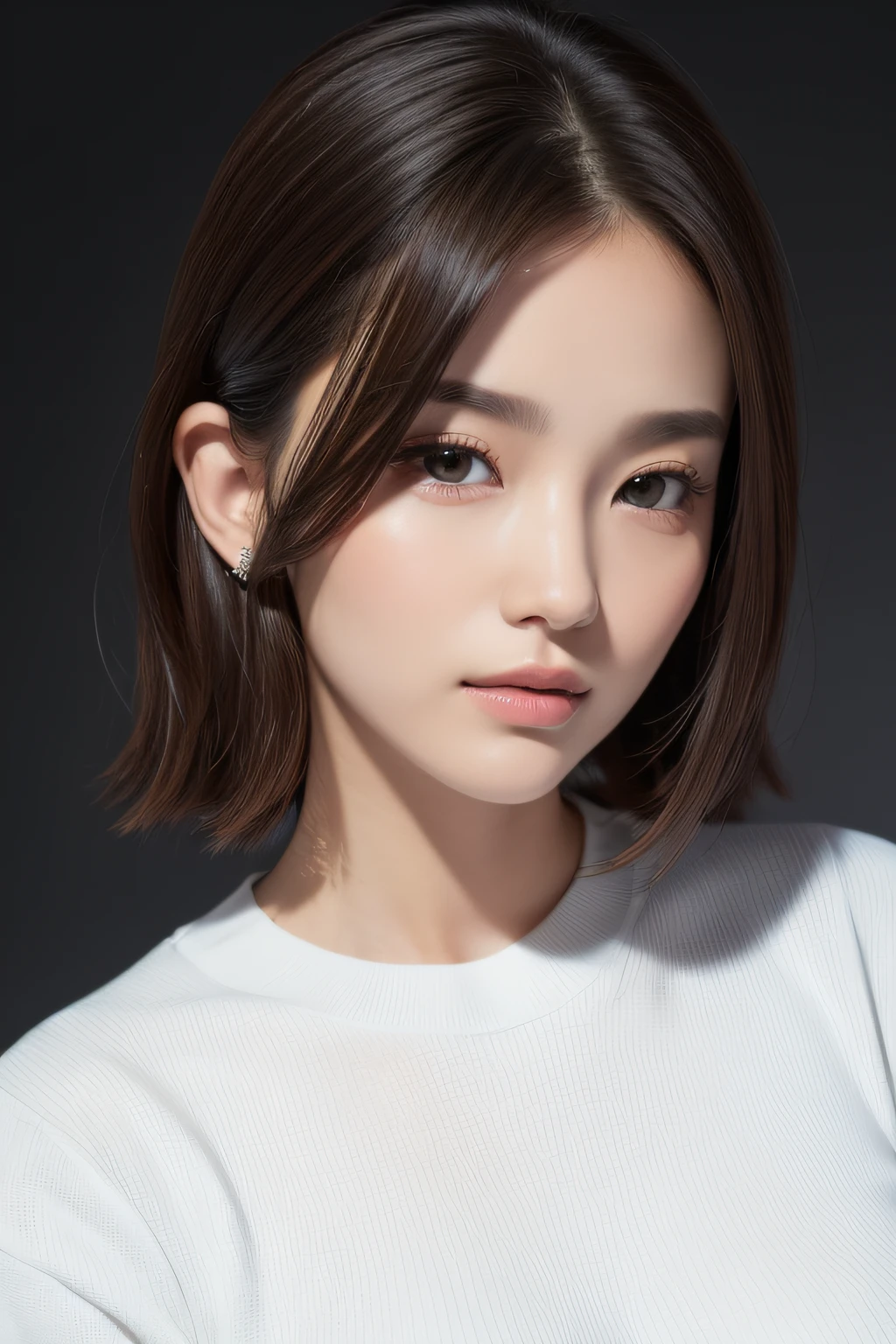 ((best qualtiy、8K masterpiece:1.3))、foco nítido:1.2、(ultra beautiful faces:1.0)、(shiny skins:1.0)、Photos realistic、brunette color hair、Video lighting、High-definition eyes and face、Video lighting、(Korean cute actress)、From the front side、Medium large breasts、ssmile、Slender Abs Beauty、Wear a long-sleeved knitted shirt with an asphalt collar、Bust photo、ID photo