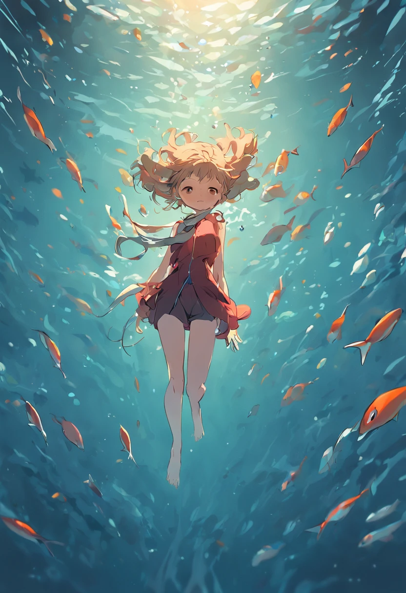 In the middle of the dive the girl is surrounded in the colorful underwater world,The human body part occupies a small proportion of the picture,Don't show your face,Flat illustration style,The character details are complete