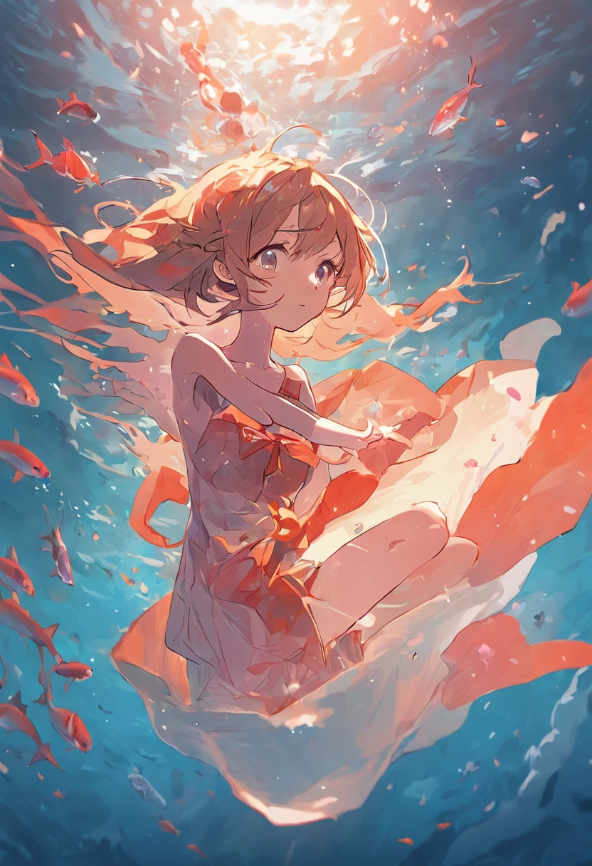 In the middle of the dive the girl is surrounded in the colorful underwater world,The human body part occupies a small proportion of the picture,Don't show your face,Flat illustration style,The character details are complete