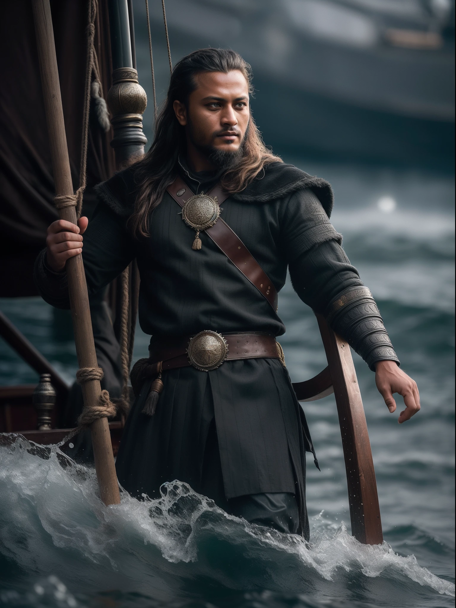 Realistic 16k image of Shakib al hasan as Ragnar Lothbrok (with black hair) onboard a viking longship, ((low angle hero shot)), (Upper body closeup), show Shakib as Ragnar navigating treacherous waters, Shakib al hasan as Ragnar is navigating his crew, show Shakib al hasan commanding the ship crew, this scene will be dark and scary, highlighting Shakib al hasan sailing on treacherous waters, dark tones with moonlit seas, dark and intimidating atmosphere like Viking series colour tone, ((sharp focus on portrait)), (balanced composition), high quality and realistic image, cinematic style, ((Best quality, 8k, Masterpiece), rough face, detailed skin, masterpiece, professional photography, (high detail:1 1), natural skin, (detailed face and eyes), (face: 1 2), noise, real photo, film photography, high resolution, 8k, realistic, 8k UHD, SLR camera, high quality, film grain, (Fujifilm X-T20, Fujifilm Fujinon XF 50mm f/2 R WR lens, Lens focal Length 50mm, Shutter speed 1/300 sec, APERTURE: 2, ISO: 80), volumetric lighting, dark background, dark fantasy, highly detailed, sharp focus, shallow depth of field, bokeh, blurry background, high contrast, contrast lighting, (dim colours), exposure blend, (dusty:1.3)