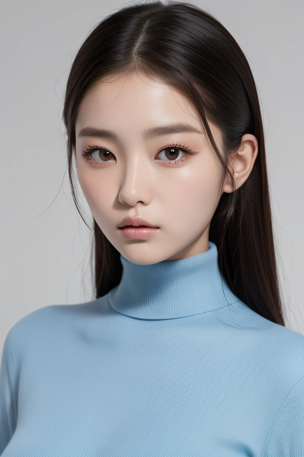 Image of Arafeld of a woman in a blue turtleneck, a pastel inspired by Sim Sa-jeong, Tumblr, Realism, Gorgeous young Korean woman, Beautiful young Korean woman, young cute wan asian face, young lovely Korean faces, beautiful Korean women, Korean girl, wan adorable korean face, gorgeous chinese models, korean women's fashion model, jaeyeon nam,Bigchest,Bust photo,close up photograph,Realiy