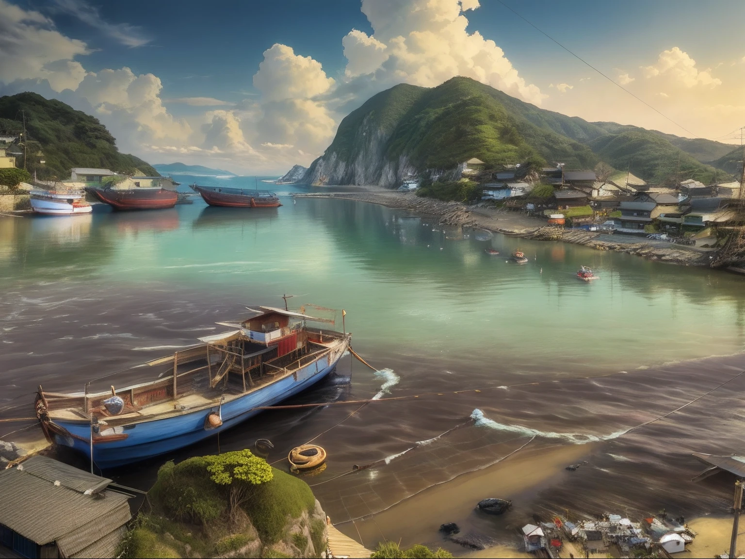 Japanimation, (((eroge))), Japanese scene, Japanese composition, 16k, extremely high level illustration, absurd resolution, absurd detailed, scenery, There is a boat sitting in the water near the beach, Fishing village, beautiful iwakura, ehime, yoshifumi ushima, Fishing village, chiba prefecture, けもの, High resolution!!, japense village in background, small port village, taken with sigma 2 0 mm f 1. 4, Small boat in the foreground