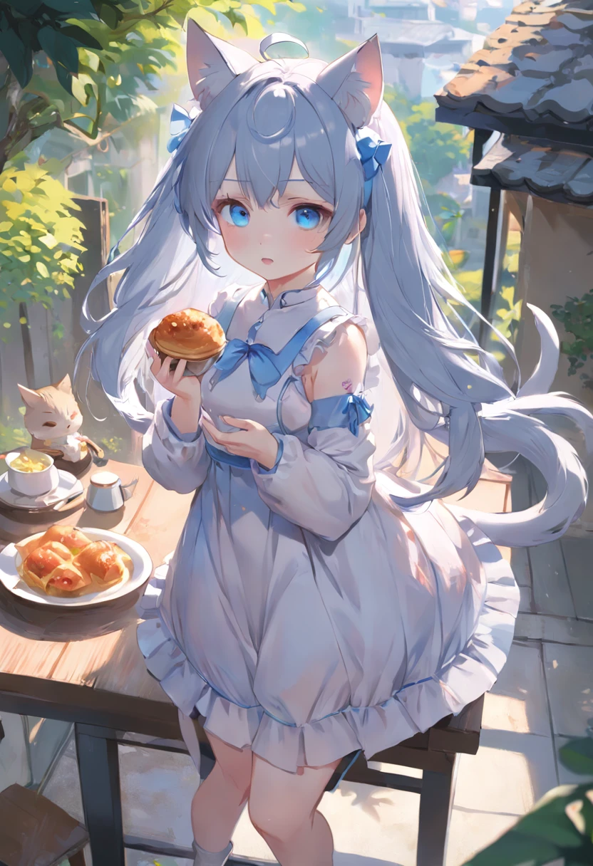 Stand in the garden、Wearing everyday clothes,silber hair,blue eyes、Cat-eared girl, Lori in dress having breakfast, small curvy loli, artwork in the style of guweiz, guweiz on pixiv artstation, guweiz on artstation pixiv, guweiz, small li girl, soft anime illustration, Anime visuals of cute girls, Detailed Digital Anime Art, (((No arm frills)))