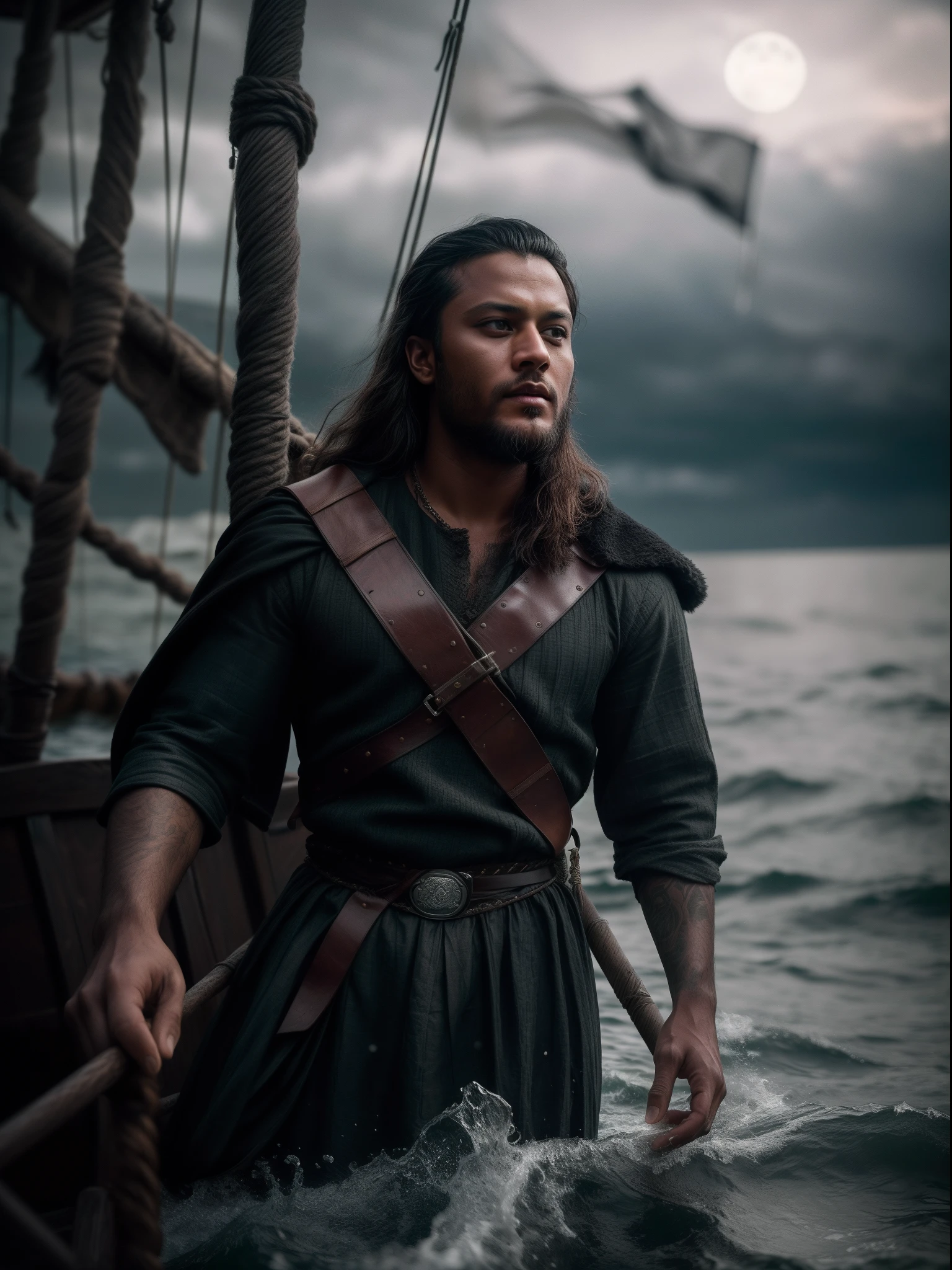Realistic 16k image of Shakib al hasan as Ragnar Lothbrok (with black hair) onboard a viking longship, ((low angle hero shot)), (Upper body closeup), show Shakib as Ragnar navigating treacherous waters, Shakib al hasan as Ragnar is navigating his crew, show Shakib al hasan commanding the ship crew, this scene will be dark and scary, highlighting Shakib al hasan sailing on treacherous waters, dark tones with moonlit seas, dark and intimidating atmosphere like Viking series colour tone, ((sharp focus on portrait)), (balanced composition), high quality and realistic image, cinematic style, ((Best quality, 8k, Masterpiece), rough face, detailed skin, masterpiece, professional photography, (high detail:1 1), natural skin, (detailed face and eyes), (face: 1 2), noise, real photo, film photography, high resolution, 8k, realistic, 8k UHD, SLR camera, high quality, film grain, (Fujifilm X-T20, Fujifilm Fujinon XF 50mm f/2 R WR lens, Lens focal Length 50mm, Shutter speed 1/300 sec, APERTURE: 2, ISO: 80), volumetric lighting, dark background, dark fantasy, highly detailed, sharp focus, shallow depth of field, bokeh, blurry background, high contrast, contrast lighting, (dim colours), exposure blend, (dusty:1.3)