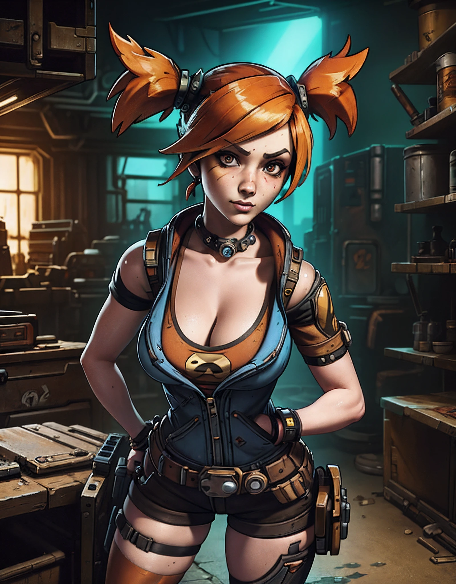 masterpiece, best quality, ultra detailed, gaige from Borderlands, red hair, pigtails, standing in a repair shop, cleavage, huge breasts, steampunk city