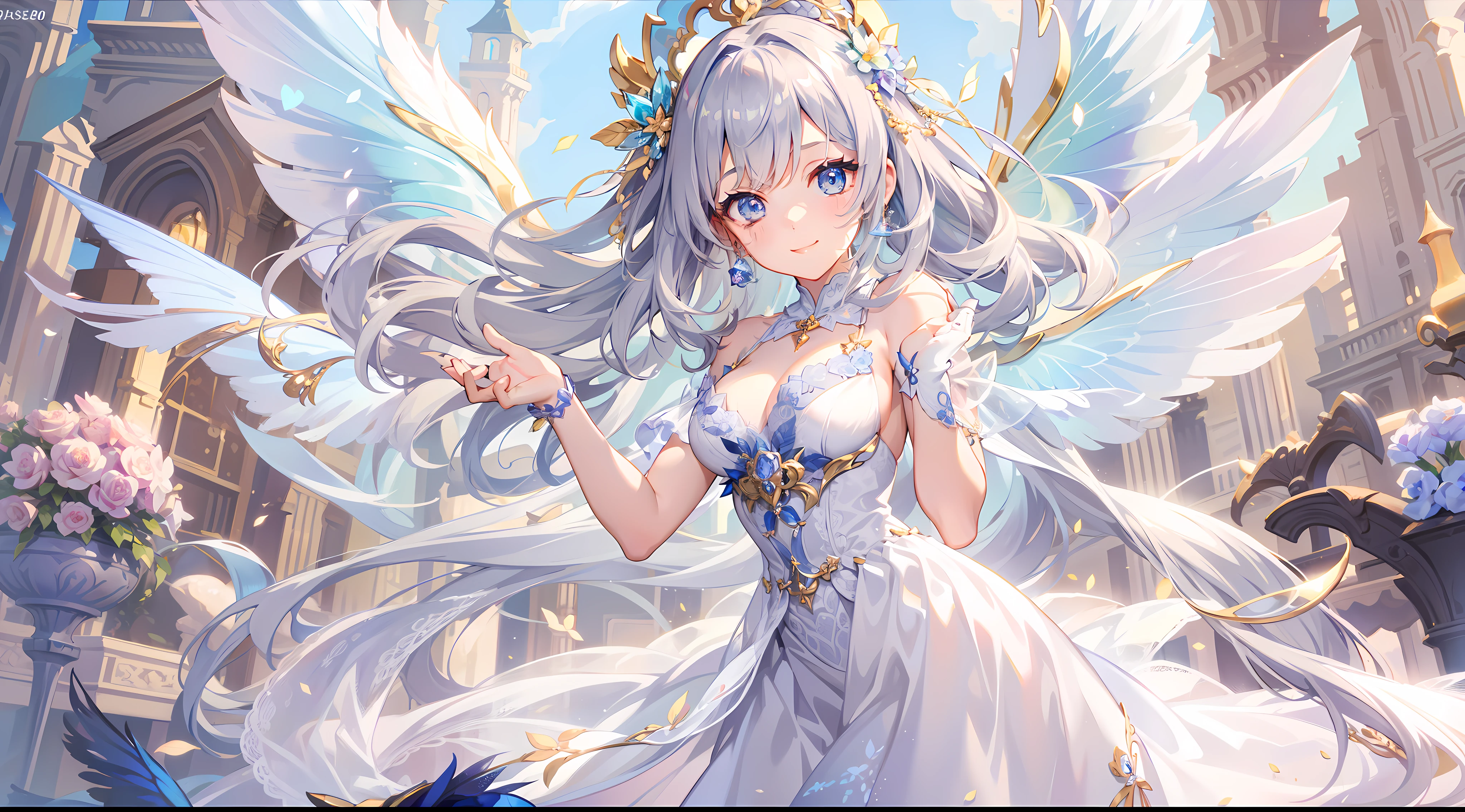 Flower fairy, Transparent colorful wings, Magic wand,A high resolution, 8K, anime woman, Delicate and meticulous text 、detailed digital illustration、aristocratic clothes、Very long hair and shine、A very beautiful woman、The eyes are twofold, Big and cute,、The bust is a D cup、High image quality, High quality、Detailed background、I wear hair accessories.、shimmering background、The inside of the eye sparkles like a diamond、4 fingers, 1 thumb、detailed feminine face、Smile、Very nice and lovely woman、Silver hair、Very luxurious hair accessories、A smile、beautiful cityscape background、Photo to the feet