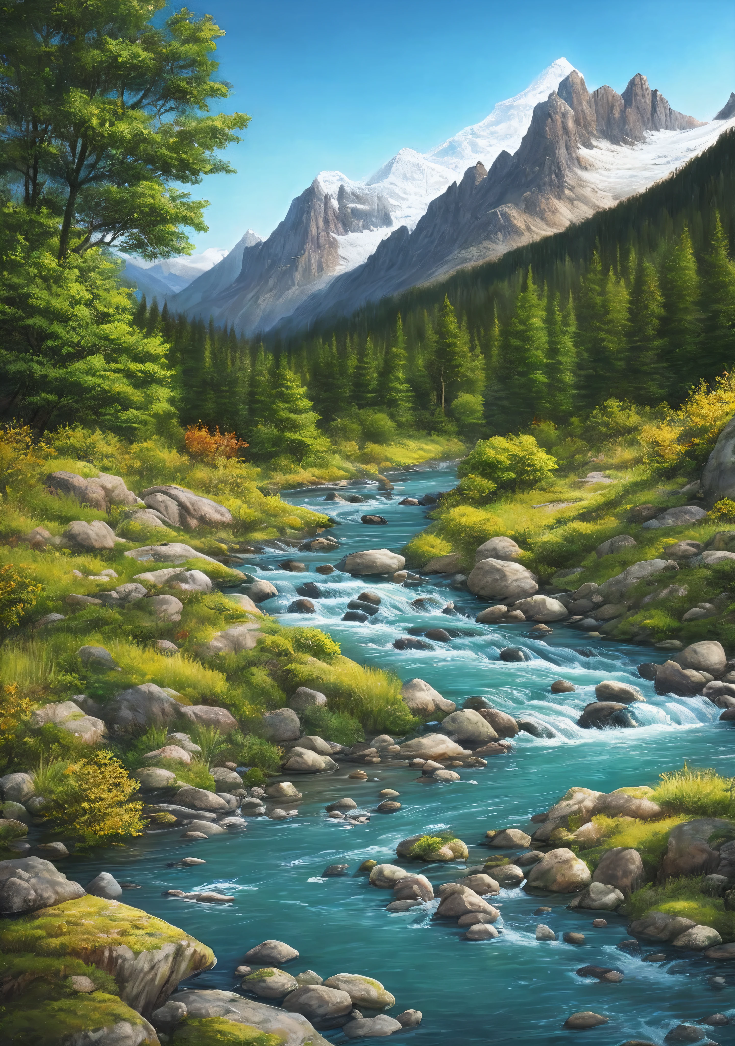 Highly realistic mountain river landscape with big mountain fish in the foreground