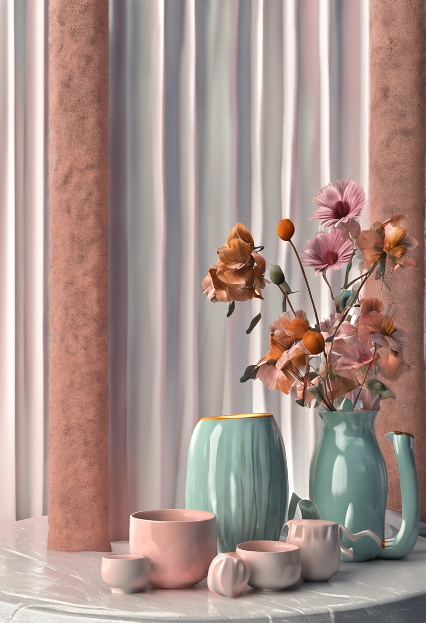 criar uma (((imagem realista))), (8k), ((220px altura x 1580px largura)), xicaras, copos e vasos de vidros, ceramics and porcelain together, using the colors you've chosen: #c4f9f9, #04bcbc, #000000 e #ffffff.