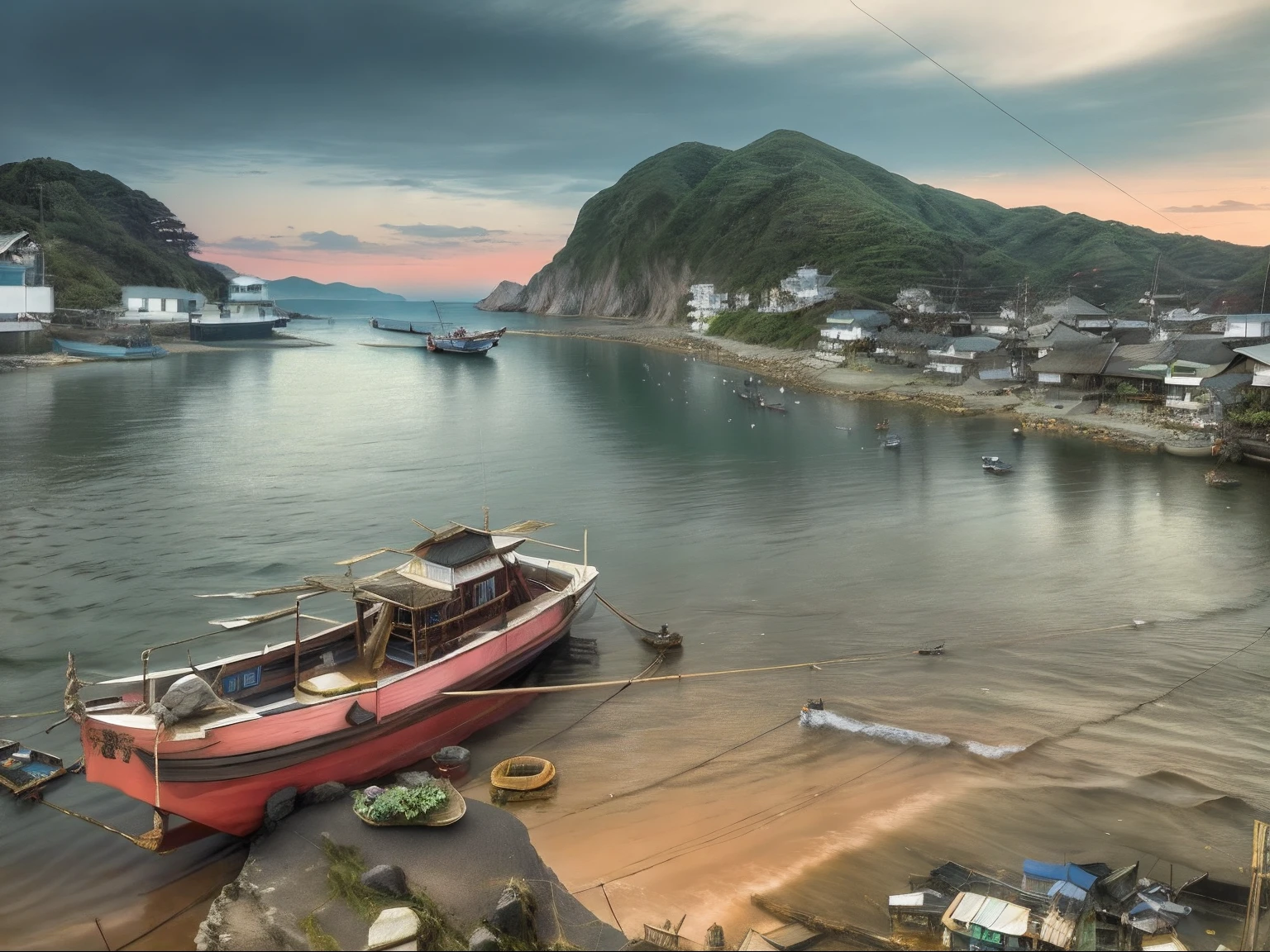 Japanimation, (((eroge))), Japanese scene, Japanese composition, 16k, extremely high level illustration, absurd resolution, absurd detailed, scenery, There is a boat sitting in the water near the beach, Fishing village, beautiful iwakura, ehime, yoshifumi ushima, Fishing village, chiba prefecture, けもの, High resolution!!, japense village in background, small port village, taken with sigma 2 0 mm f 1. 4, Small boat in the foreground