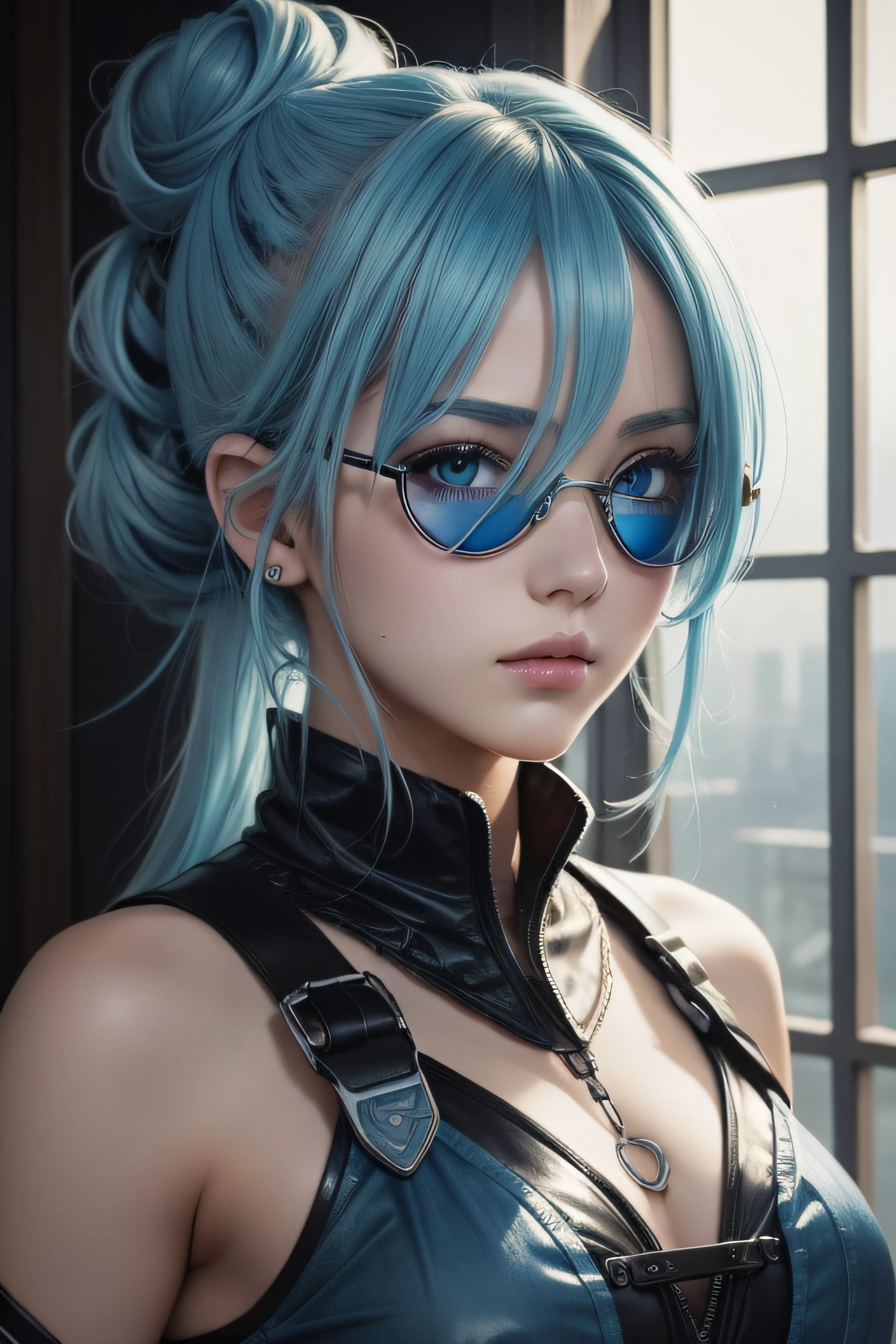 (obra-prima1:2, 4K, 8k, Melhor qualidade, high resolution), mulher sexy, cabelo longo azul, Olhos lindos, wearing glasses, estilo ciberpunk, cores vivas, look sexy, rosto sedutor, pov, visualizadores