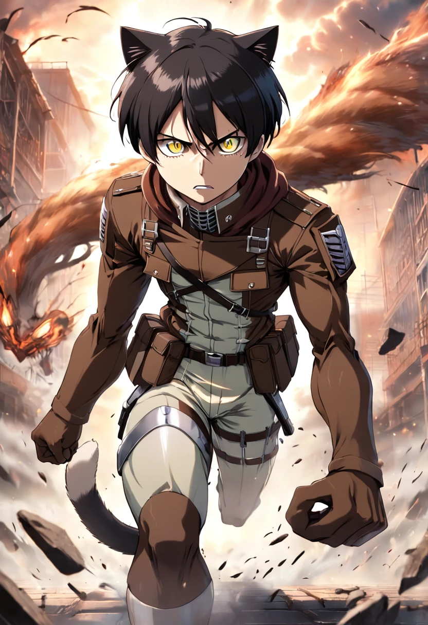 "An epic masterpiece featuring a half-white-half-black cat, wearing Attack on Titan uniform and maneuver gear, snk, eren yeager, showcasing its heroic stance and fearless spirit."