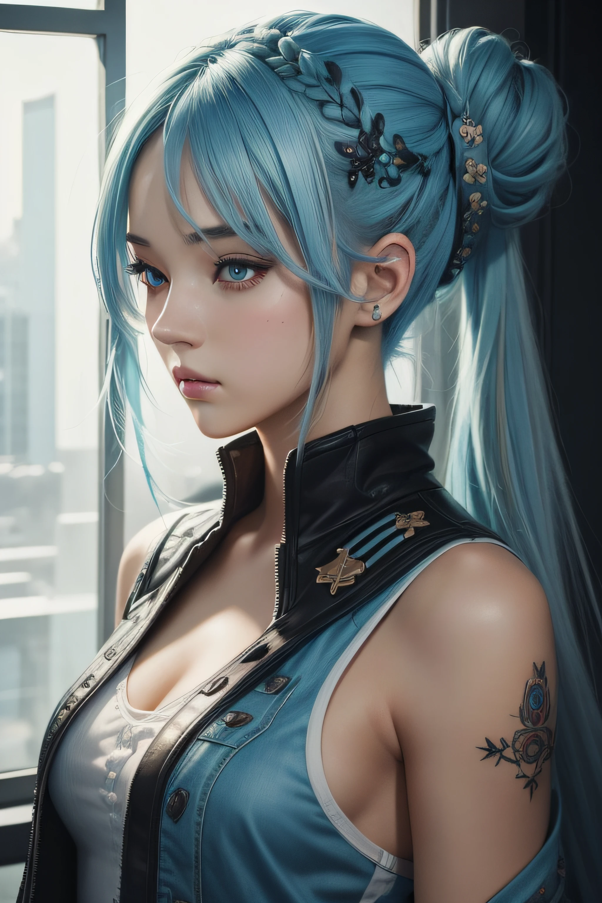 (masterpiece, top quality, best quality, official art, beautiful and aesthetic:1.2), (1girl), extreme detailed,colorful,highest detailed,cute, light blue hair,black goggle, hair bun