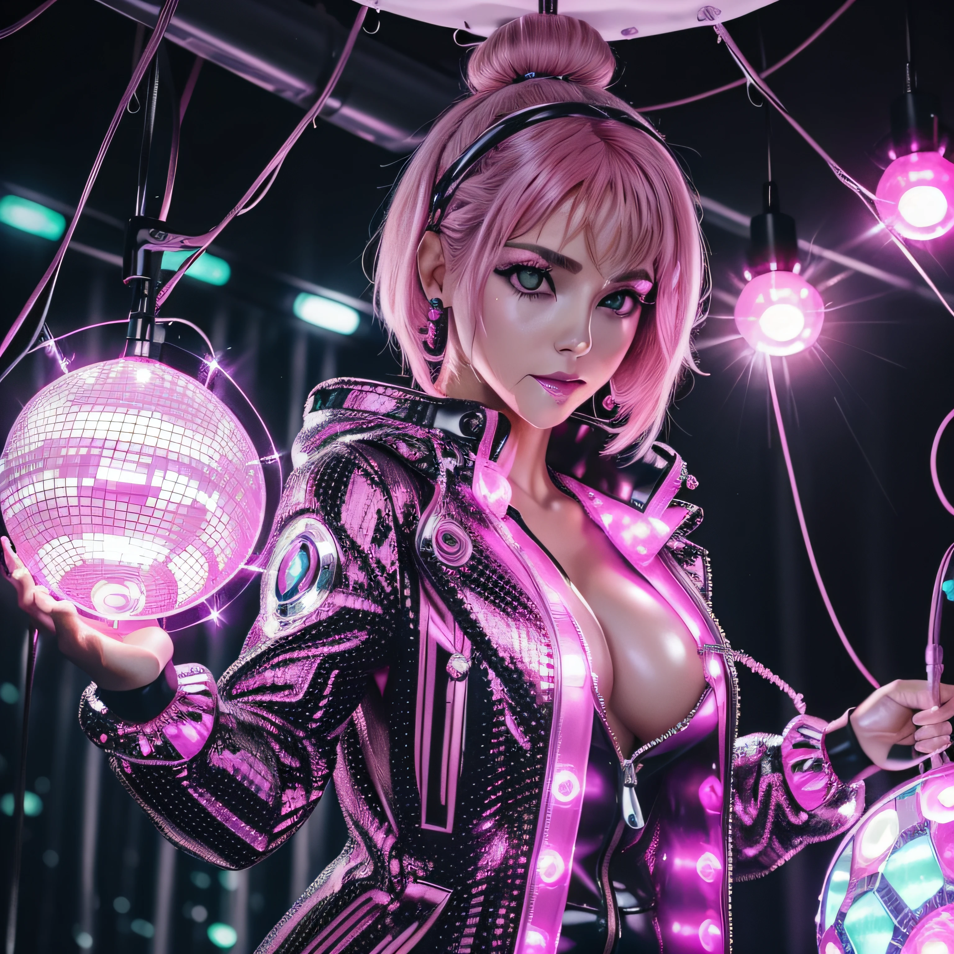 disco, (mirror ball (large revolving ball covered with small pieces of mirror glass):1.1), (Adult German woman:1.6), holding wires, looking to camera, (polyvinyl Jacket With Rivets:1.3), (rave fashion:1.6), (pink hair:1.4), (open zipper:1.6), (erotic:2), (sexy:1.5), (glowing disco lights:1.8), (dangling sprinkler wires:1.7), best quality, sunlight, detailed face, gorgeous, realistic skin details, high quality, seen from below, translucent, (voluptuous:.9), sensual, lascivious, dominant, (sexual:1.4), sexy, romantic, high quality, film grain, Cinematic Light, sidelighting, stars background, sharp focus, overexposed light