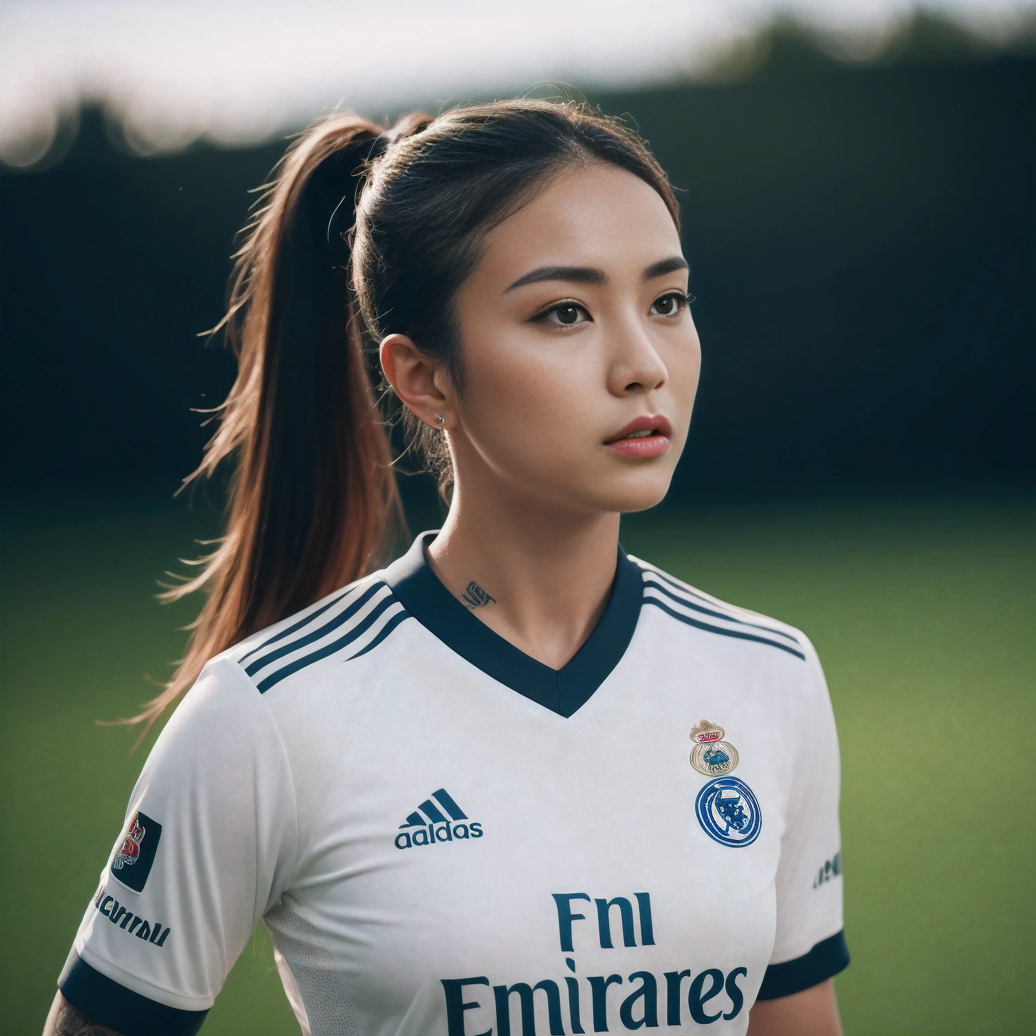 best quality, masterpiece, highres, 1girl, Beautiful face, beautiful eyes, perfect face, photorealistic, 8k, UHD, long hair, ponytail, arm tattoos, tattooed, sweat, Asian, female, muscular biceps, toned abs, dark skin, large boobs, (high detailed skin:1.2), 8k uhd, dslr, high quality, candid, Photograph, high resolution, 4k, 8k, football pitch, playing football, action shot, Real Madrid women football kit, wearing women football kit, Real Madrid Femenino,