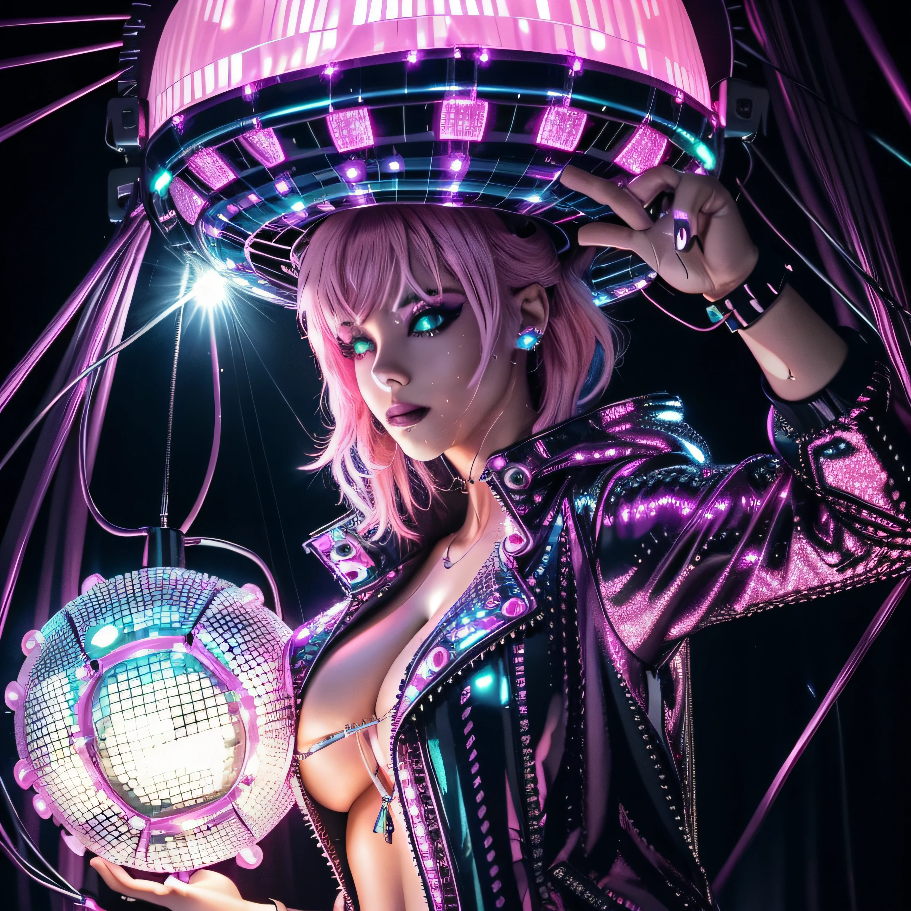 disco, (mirror ball (large revolving ball covered with small pieces of mirror glass):1.1), (Adult German woman:1.6), holding wires, looking to camera, (polyvinyl Jacket With Rivets:1.3), (rave fashion:1.6), (pink hair:1.4), (open zipper:1.6), (erotic:2), (sexy:1.5), (glowing disco lights:1.8), (dangling sprinkler wires:1.7), best quality, sunlight, detailed face, gorgeous, realistic skin details, high quality, seen from below, translucent, (voluptuous:.9), sensual, lascivious, dominant, (sexual:1.4), sexy, romantic, high quality, film grain, Cinematic Light, sidelighting, stars background, sharp focus, overexposed light