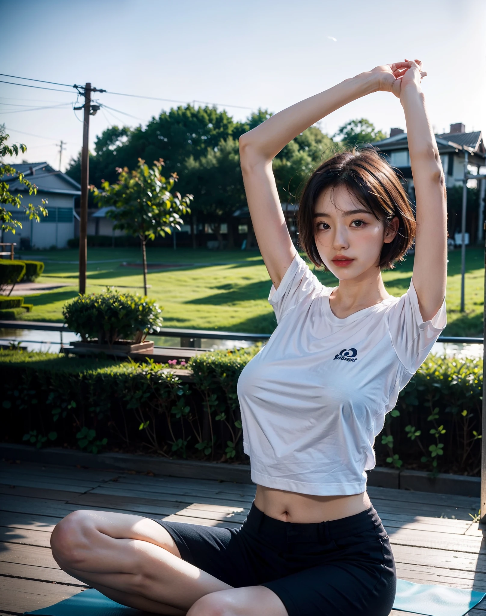 top-quality、8K、Sitting、yoga、with arms up、short-hair、tshirts、frombelow、Beautiful woman feeling the wind under the twilight sky