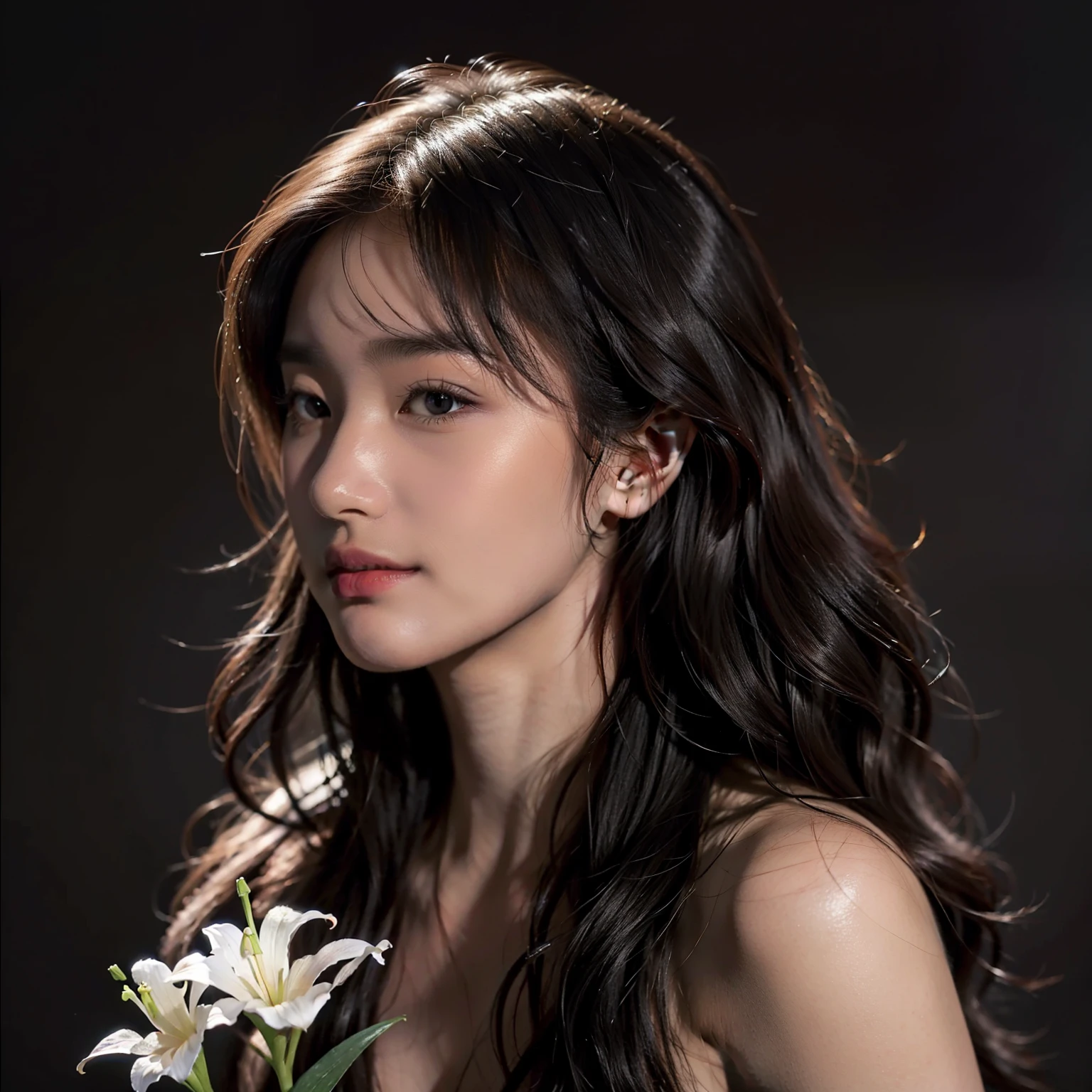 A young Asian woman,Side view,Dark semi-long curly hair,long eyelasher,Natural lip color,Shy,Holding a lily in his hand,Smile and look down at the flowers,Surrealist female portraits by long-sleeved elegant women's clothing David Hockney and Alphonse Mucha,Fantasyart,photographrealistic,动态照明,art stations,poster for,Volumetriclighting,Very detailed faces,4 k'',Award-Awarded,deep dark background,low tune,Half-body diagram