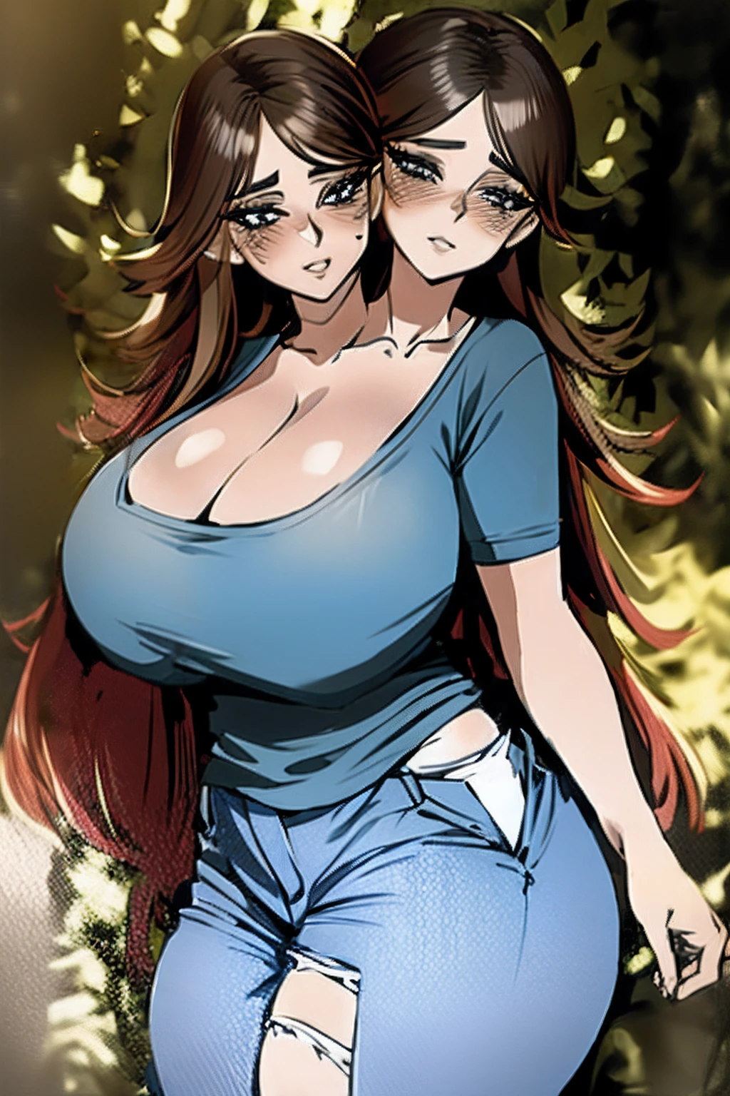 2heads, a short fat woman with two heads. She has enormous breasts. She is is outside on a sunny day. She is wearing a tight t shirt and jeans. She has enormous perky boobs. She has long flowing hair. She looks mature. She looks aroused. She is blushing. She has gigantic perky breasts. She looks lustful. She has full lips. She is extremely short. She is very fat. She looks motherly. She has big defined lips. Deep cleavage. She has thick thighs and an enormous butt.