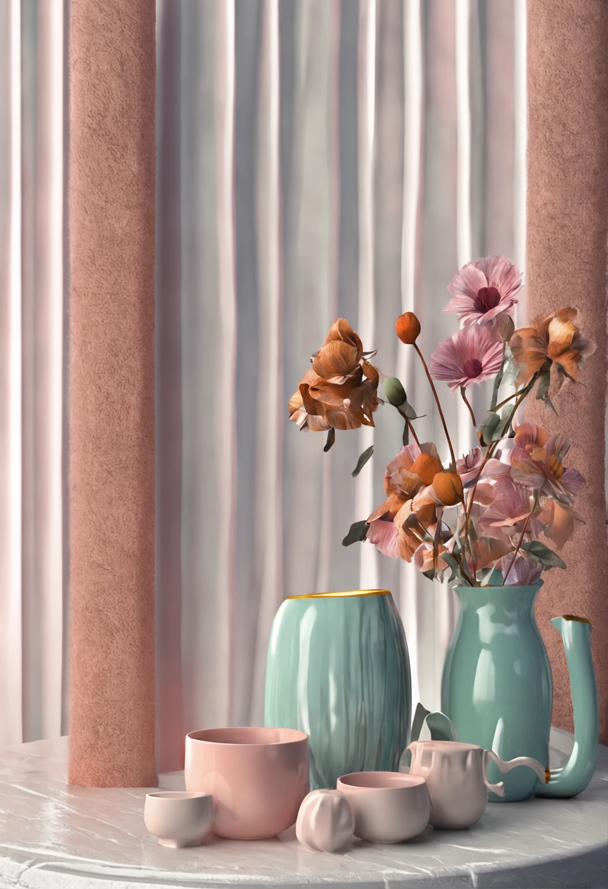 criar uma (((imagem realista))), (8k), ((220px altura x 1580px largura)), xicaras, copos e vasos de vidros, ceramics and porcelain together, using the colors you've chosen: #c4f9f9, #04bcbc, #000000 e #ffffff.