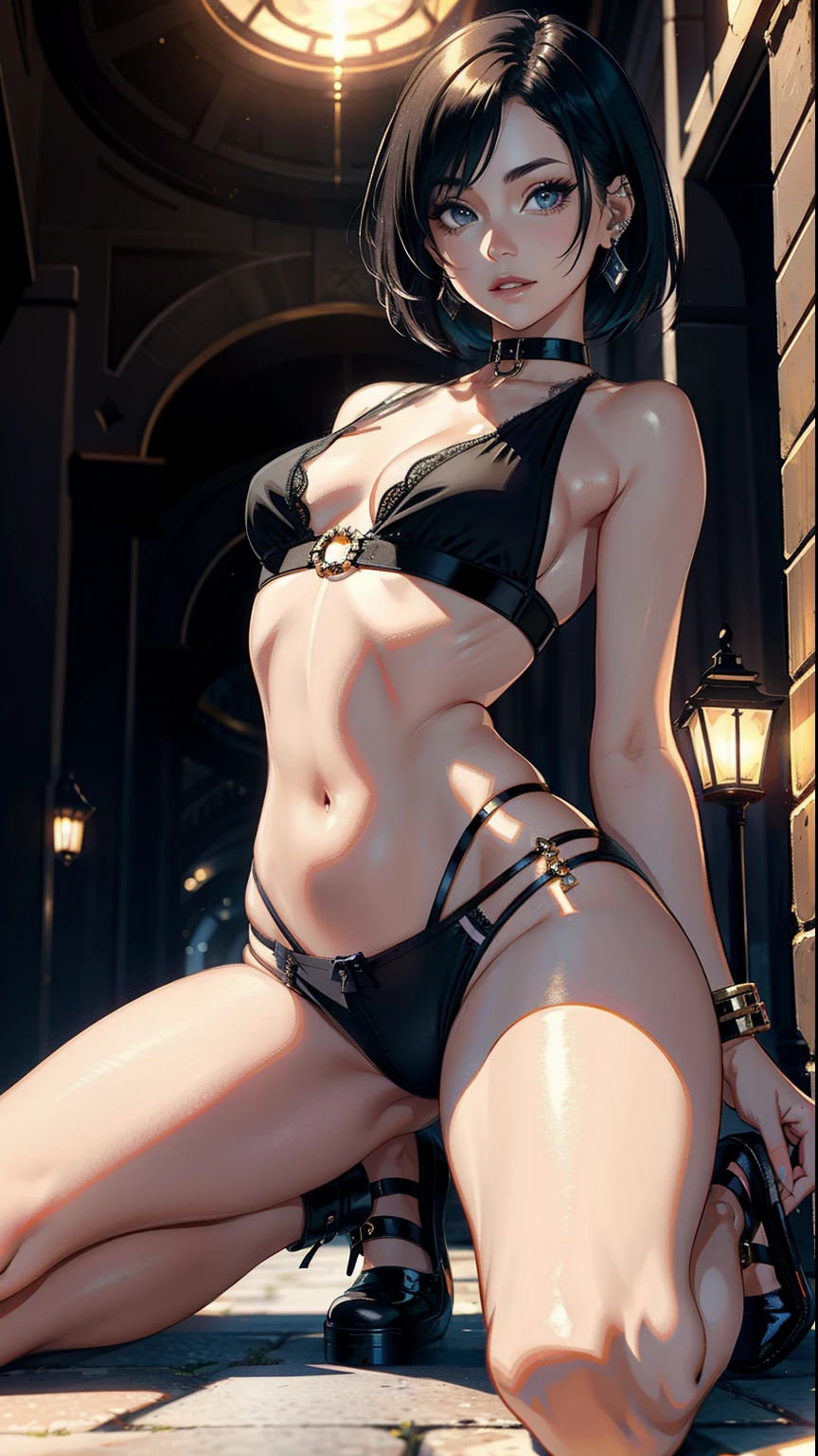 masterpiece, top-quality, Detailed details, Detailed landscapes, beatiful lights, Beautiful Shadows, Female sexy, 28 year old,Black eyes,Mischievous smile, A wistful look,eye liner,Very short hair,bangle,a choker,piercings,hotpants,((Ultra-low rise)),(TShirt), Navel Ejection,Kneeling,model poses,detailed skin textures, Tyndall effect