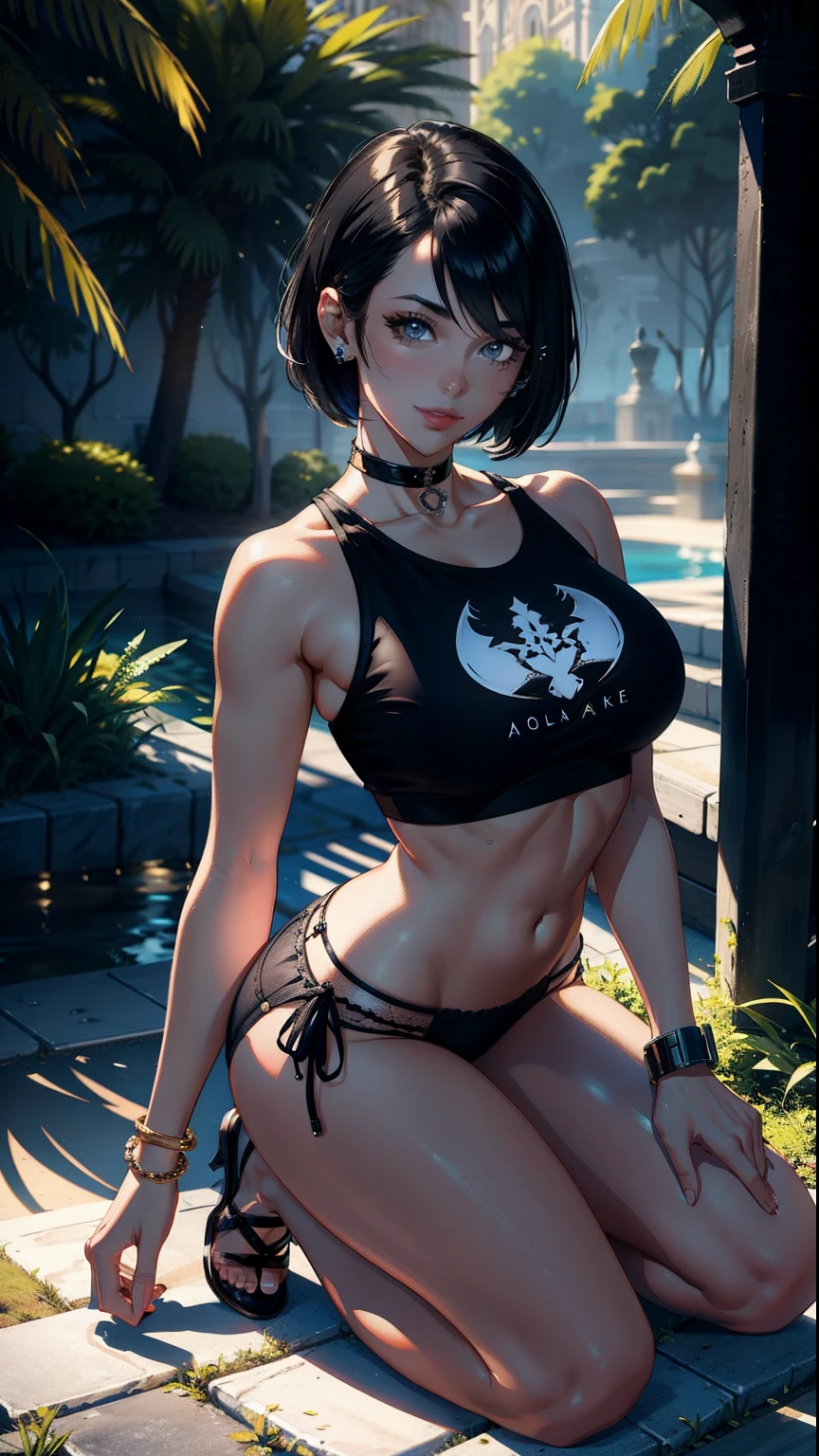 ​masterpiece, top-quality,  Detailed details, Detailed landscapes, beatiful lights, Beautiful Shadows, Female sexy, 28 year old,Black eyes,Mischievous smile, A wistful look,eye liner,Very short hair,bangle,a choker,piercings,hotpants,((Ultra-low rise)),(ＴShirt), Navel Ejection,Kneeling,model poses,detailed skin textures, Tyndall effect