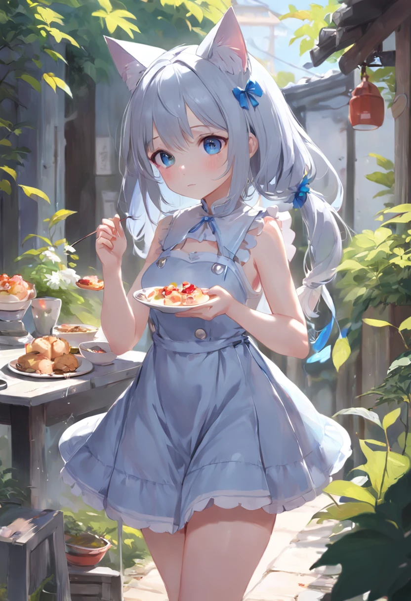 Stand in the garden、Wearing everyday clothes，sleeveless，silber hair，blue eyes、Cat-eared girl, Lori in dress having breakfast, small curvy loli, artwork in the style of guweiz, guweiz on pixiv artstation, guweiz on artstation pixiv, guweiz, small li girl, soft anime illustration, Anime visuals of cute girls, Detailed Digital Anime Art,