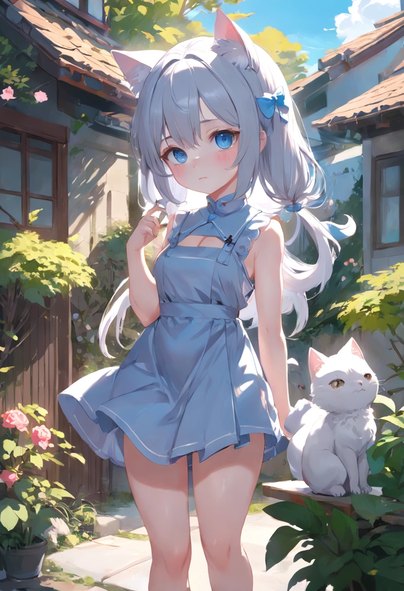 Stand in the garden、Wearing everyday clothes,sleeveless,silber hair,blue eyes、Cat-eared girl, Lori in dress having breakfast, small curvy loli, artwork in the style of guweiz, guweiz on pixiv artstation, guweiz on artstation pixiv, guweiz, small li girl, soft anime illustration, Anime visuals of cute girls, Detailed Digital Anime Art,