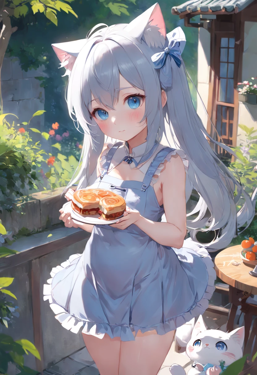 Stand in the garden、Wearing everyday clothes，sleeveless，silber hair，blue eyes、Cat-eared girl, Lori in dress having breakfast, small curvy loli, artwork in the style of guweiz, guweiz on pixiv artstation, guweiz on artstation pixiv, guweiz, small loli girl, soft anime illustration, Anime visuals of cute girls, Detailed Digital Anime Art,